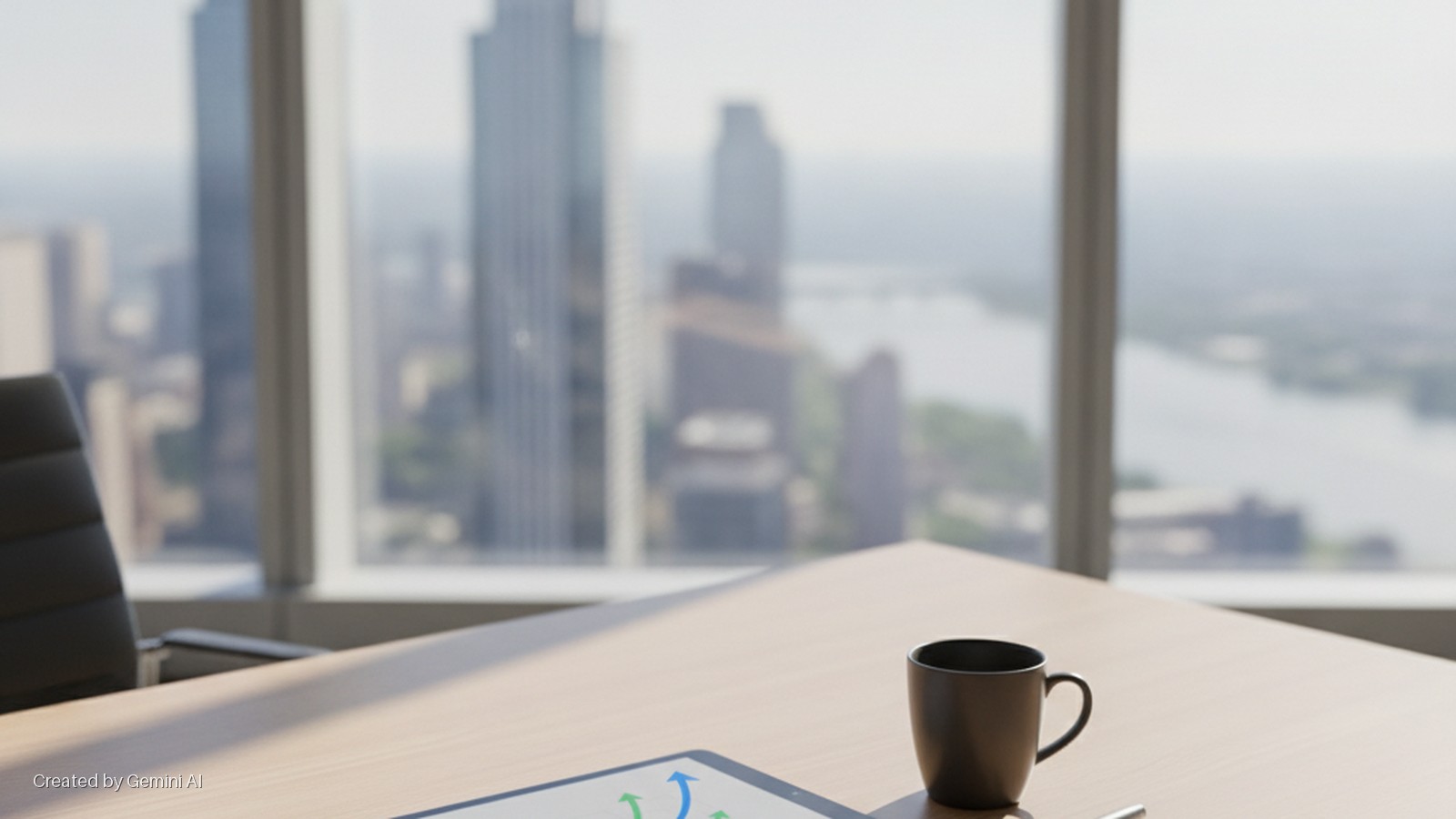 An office desk with a black chair, tablet displaying arrows, a mug, and a pen overlooks a city skyline with skyscrapers and a river, illuminated by bright natural light.