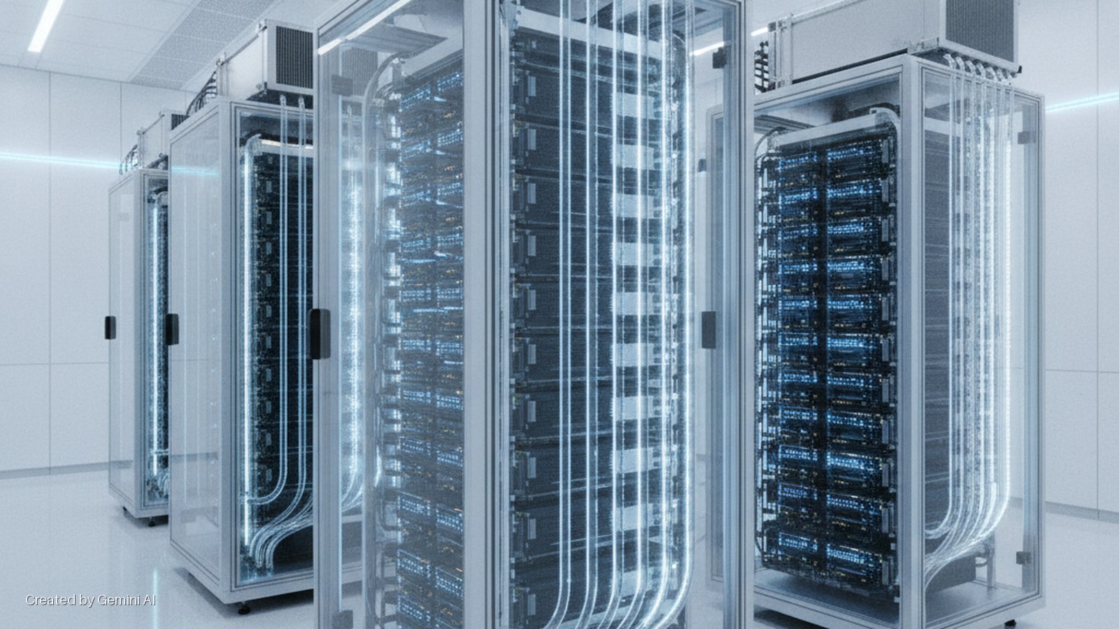 A bright, clean data center features multiple clear-paneled server racks, displaying blue-lit servers and glowing white vertical tubes, with overhead lighting.