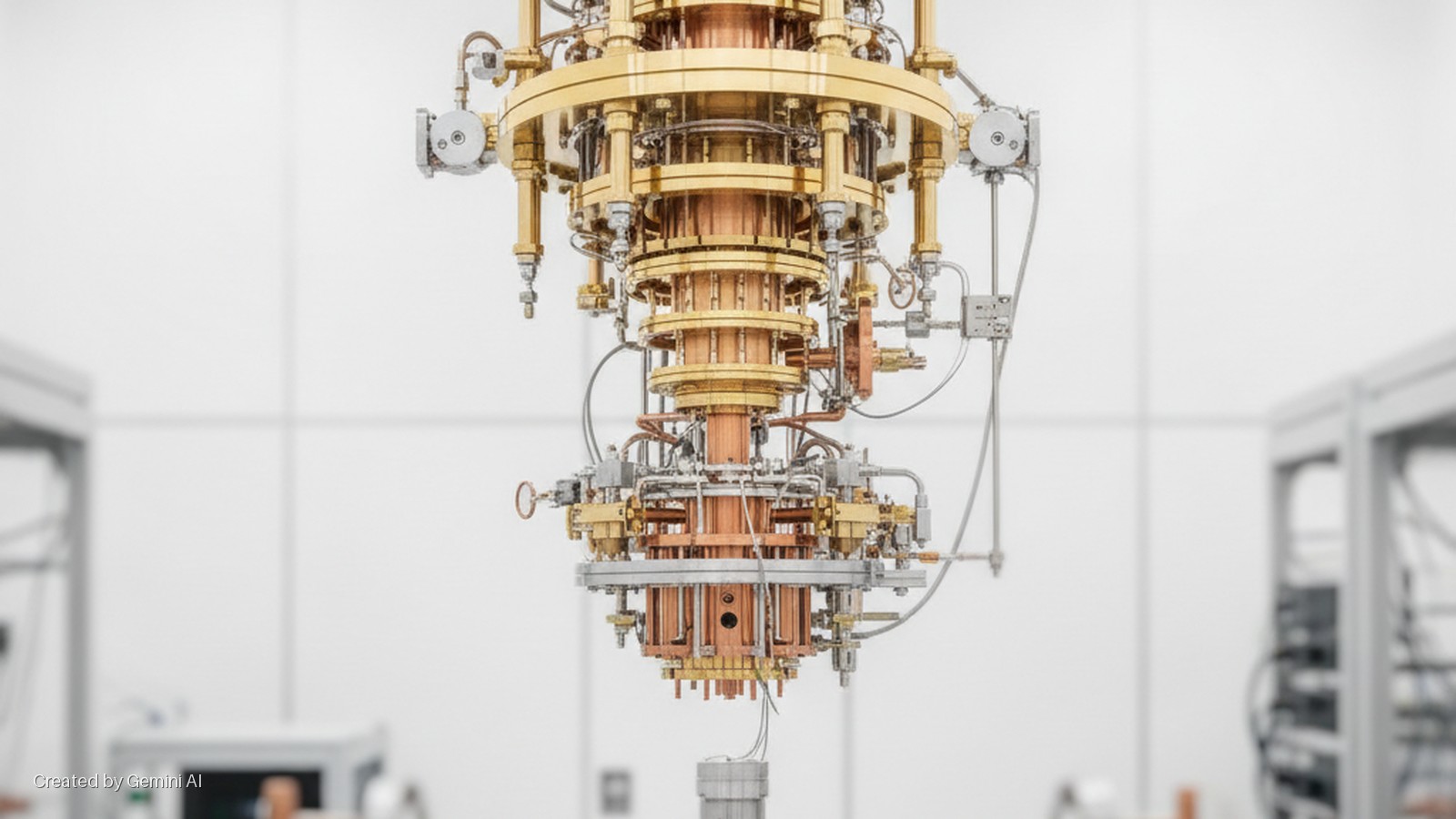 A complex, multi-layered dilution refrigerator, featuring brass-colored and copper-colored components with numerous pipes and wires, stands prominently in a brightly lit, sterile laboratory.