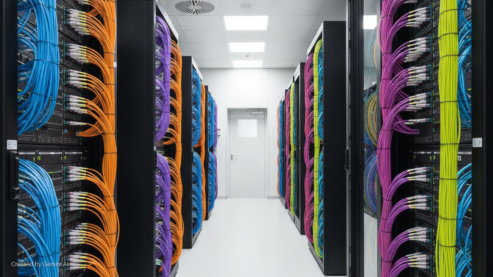 A brightly lit data center aisle lined with black server racks holding neatly organized bundles of colorful data cables.