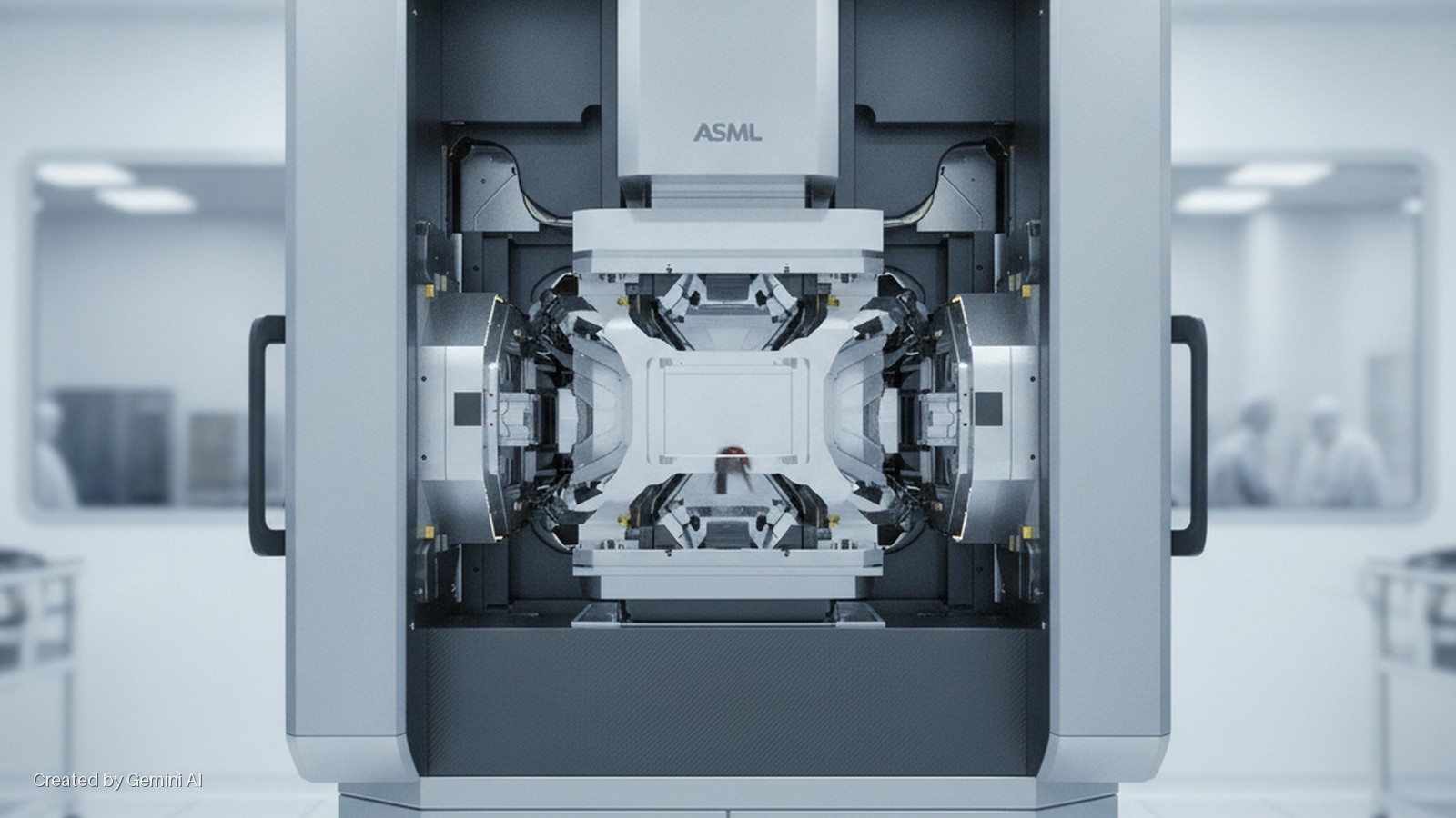 A grey ASML industrial machine with an illuminated central chamber and a red glow, set in a bright cleanroom with blurred personnel and lab equipment visible through side panels.