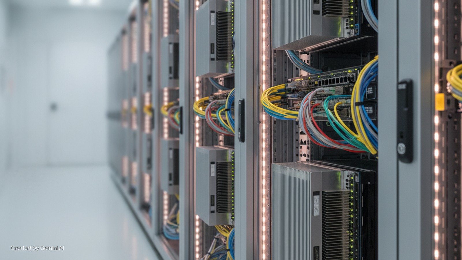 A bright server room shows multiple server racks with colorful network cables and integrated LED lighting, blurring into the distance.