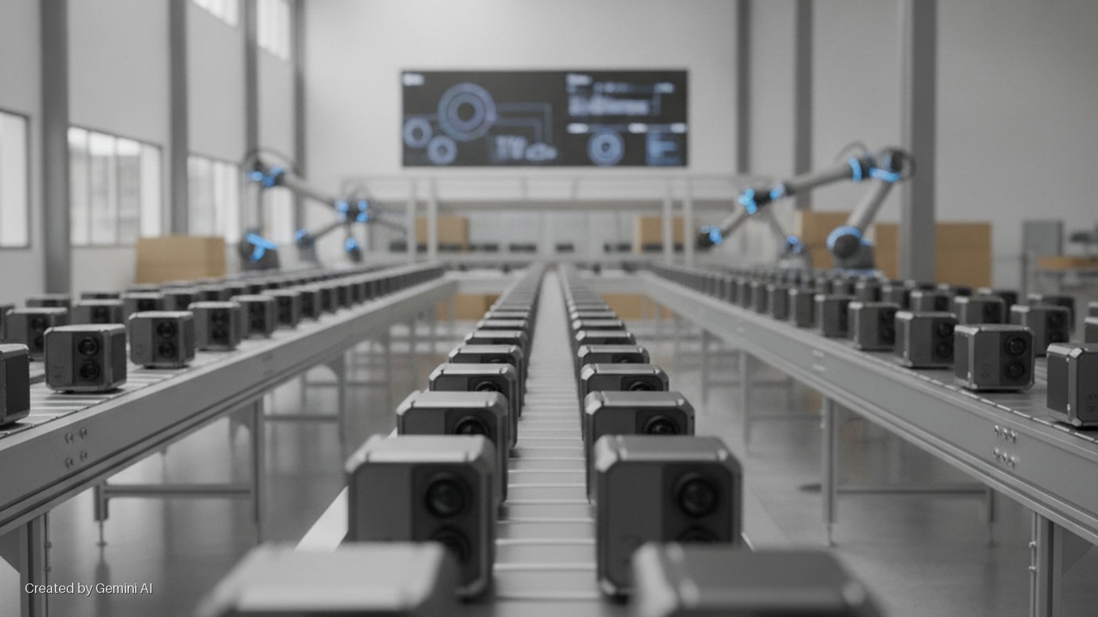 Rows of compact grey devices with dual lenses move on conveyor belts in a brightly lit factory with robotic arms and a large digital display screen in the background.