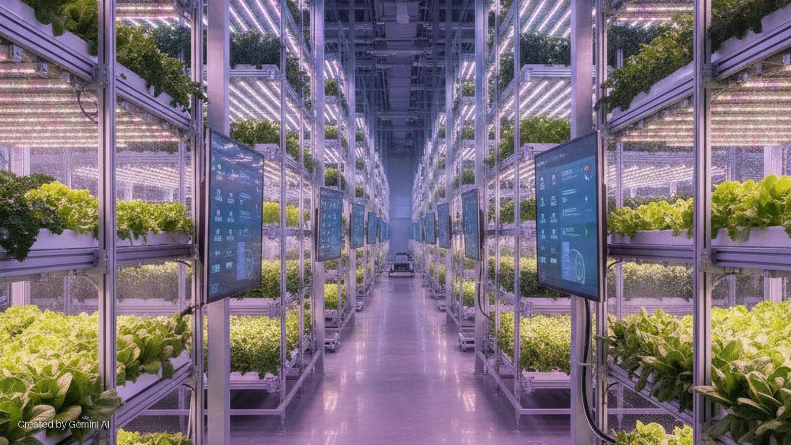 A long aisle in an indoor vertical farm is lined with multi-tiered shelves of various leafy green plants, brightly illuminated by overhead LED grow lights, with digital monitoring screens interspersed along the rows.