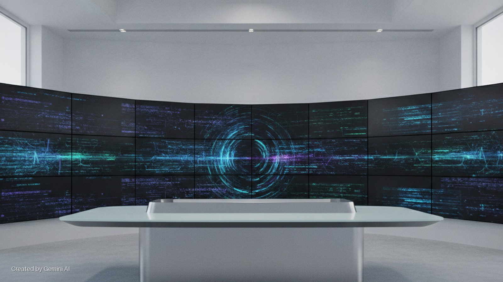 A brightly lit modern studio features a large, curved video wall displaying abstract blue and green digital data graphics with a central swirling pattern, and a sleek, light gray desk in the foreground.