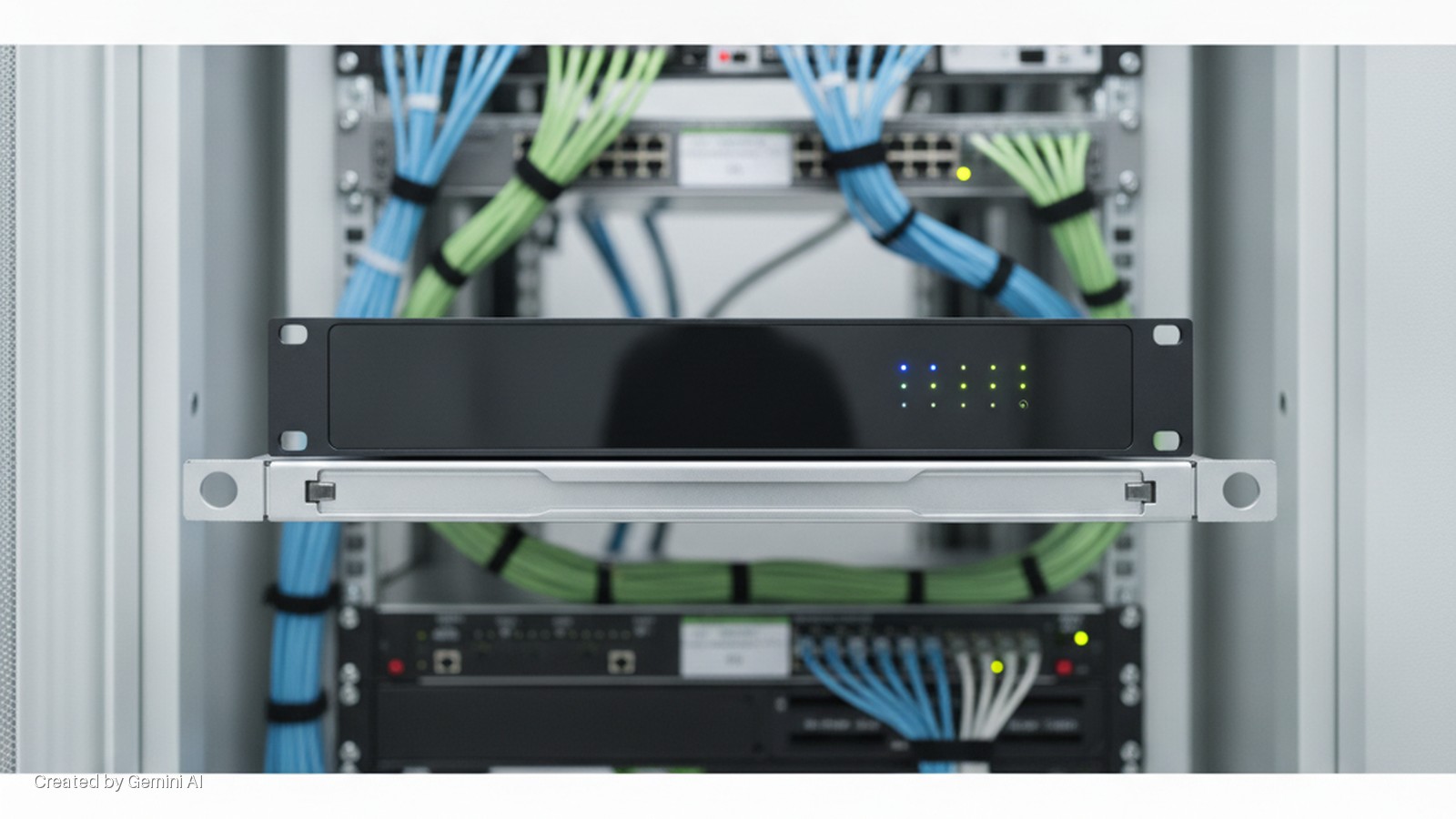 A brightly lit server rack interior shows network equipment with organized blue and green cables, and a black network device displaying blue and green indicator lights.
