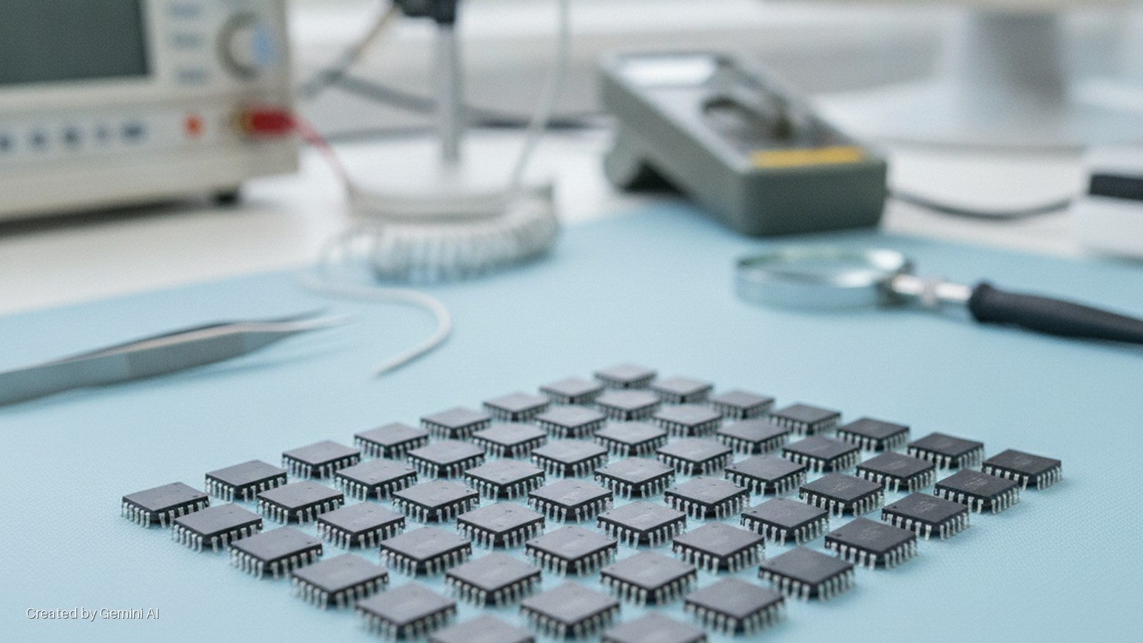 A grid of black integrated circuit chips rests on a light blue electronics workbench, surrounded by tweezers, a magnifying glass, and blurred lab equipment, all lit by bright, diffuse light.