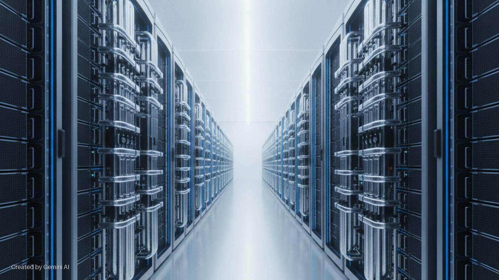A symmetrical data center aisle with two long rows of tall, dark server racks featuring prominent silver liquid cooling systems, brightly illuminated by a central overhead light strip.