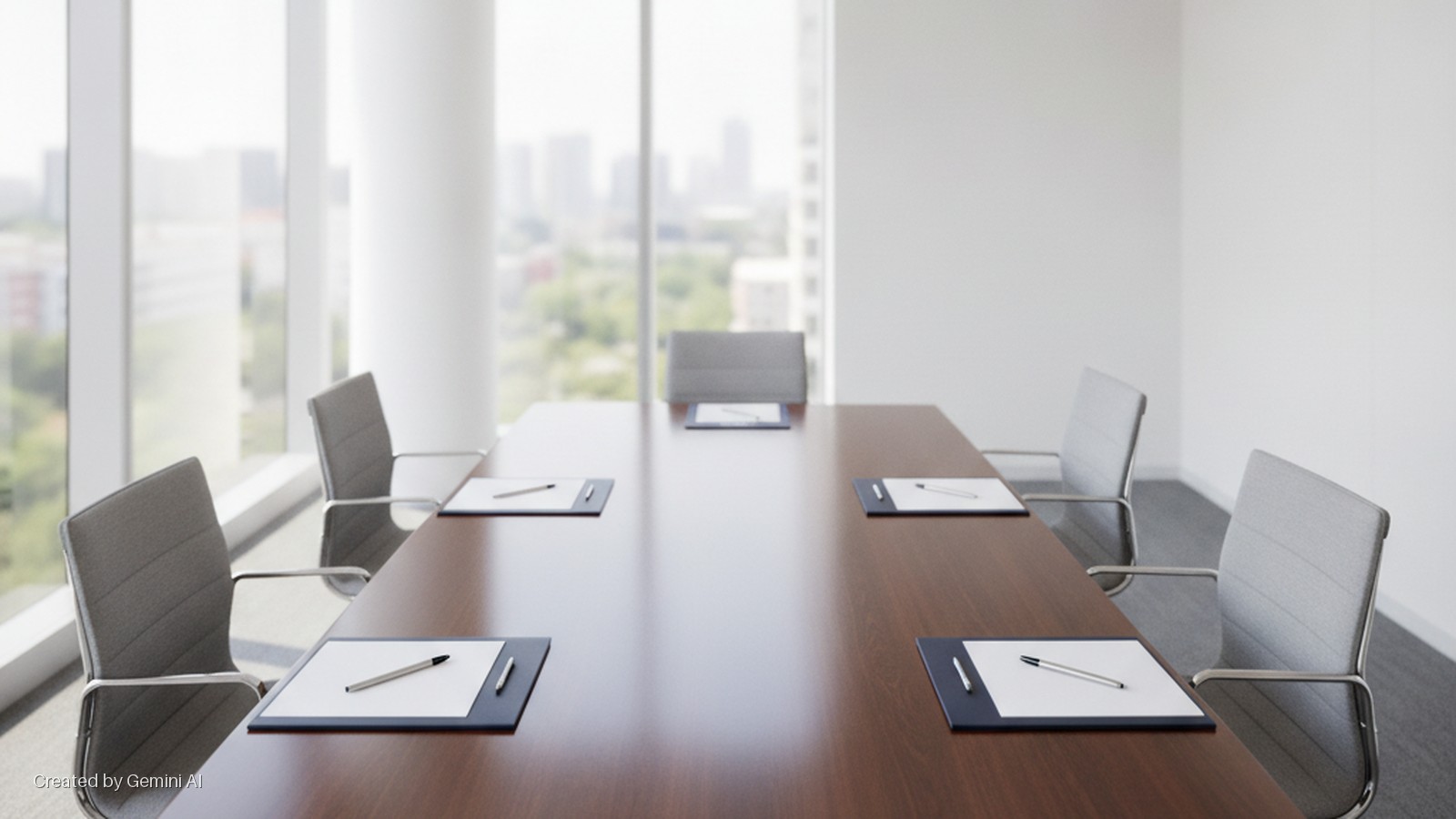 A brightly lit modern conference room features a long wooden table, seven grey office chairs, and individual clipboards with pens, set against large windows with a blurred city view.