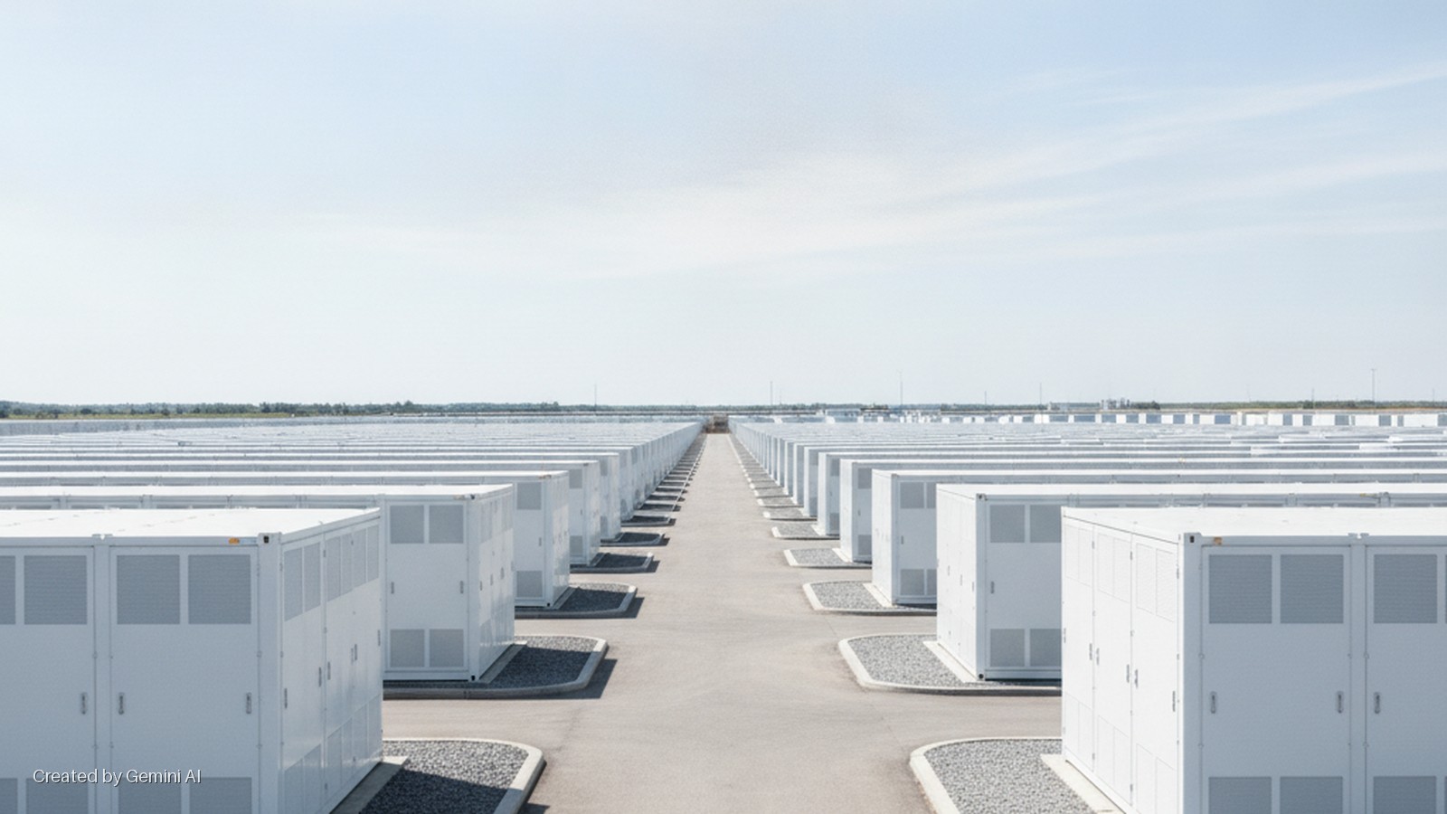 Parallel rows of white modular container units line paved roads with gravel shoulders, stretching into the distance under a vast, bright daytime sky with a distant treeline.
