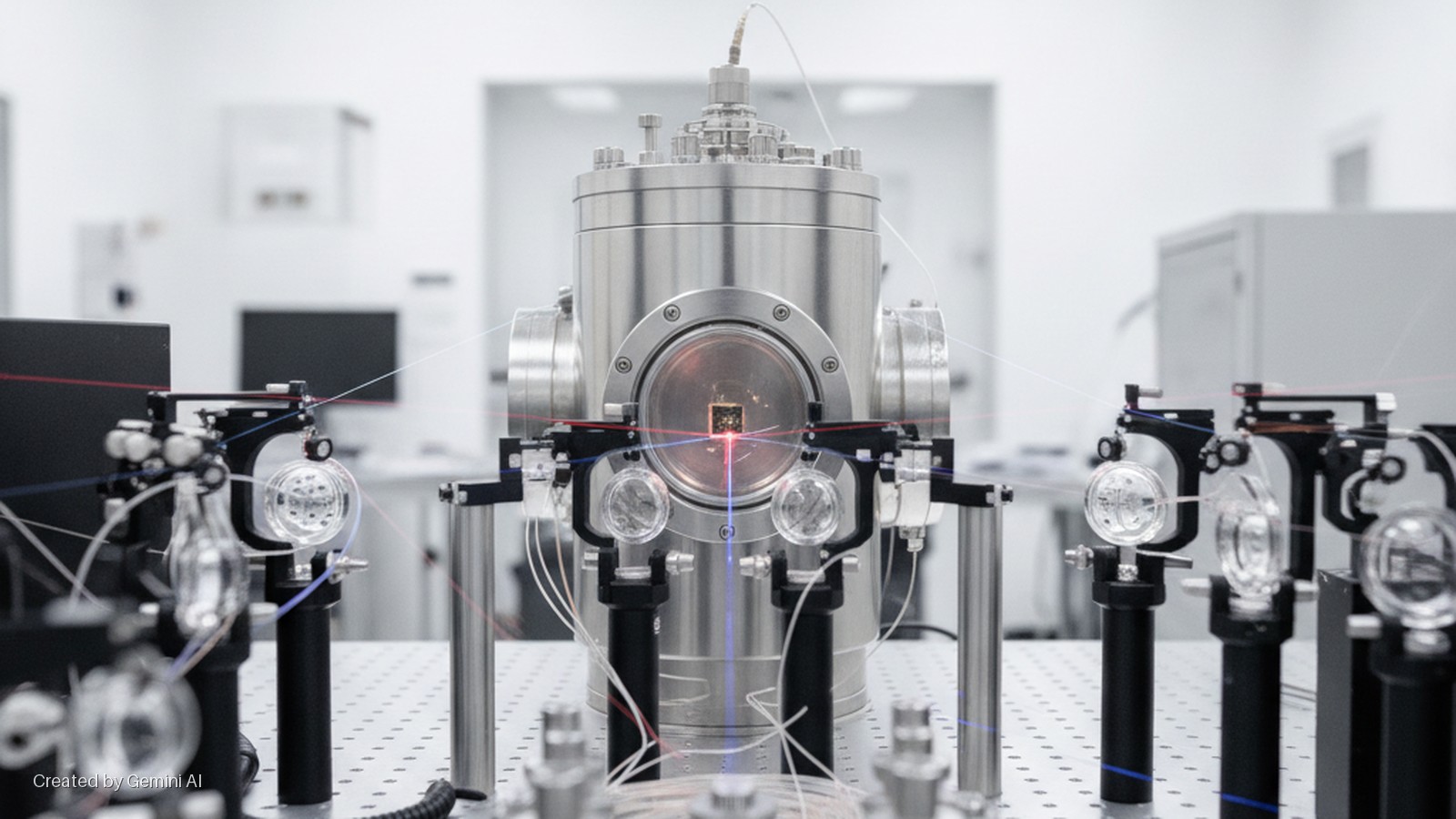 A brightly lit modern laboratory shows a large, central cylindrical metallic vacuum chamber with visible red and blue laser beams converging on a small chip-like component inside, surrounded by numerous optical elements mounted on a perfora