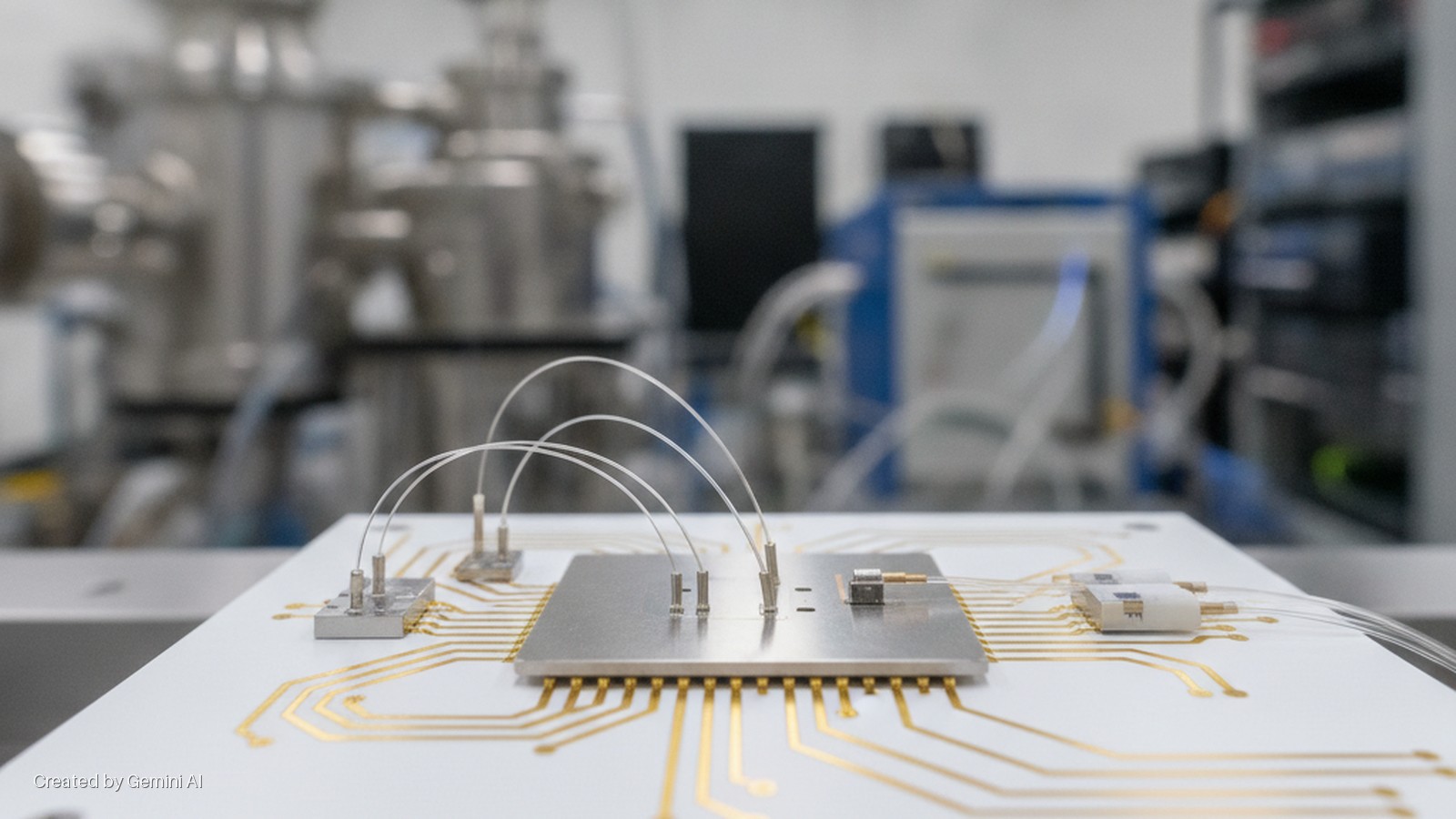 A brightly lit white circuit board with golden traces, a central metal plate, and multiple thin white wires connecting components is visible in a blurred laboratory background with scientific equipment.