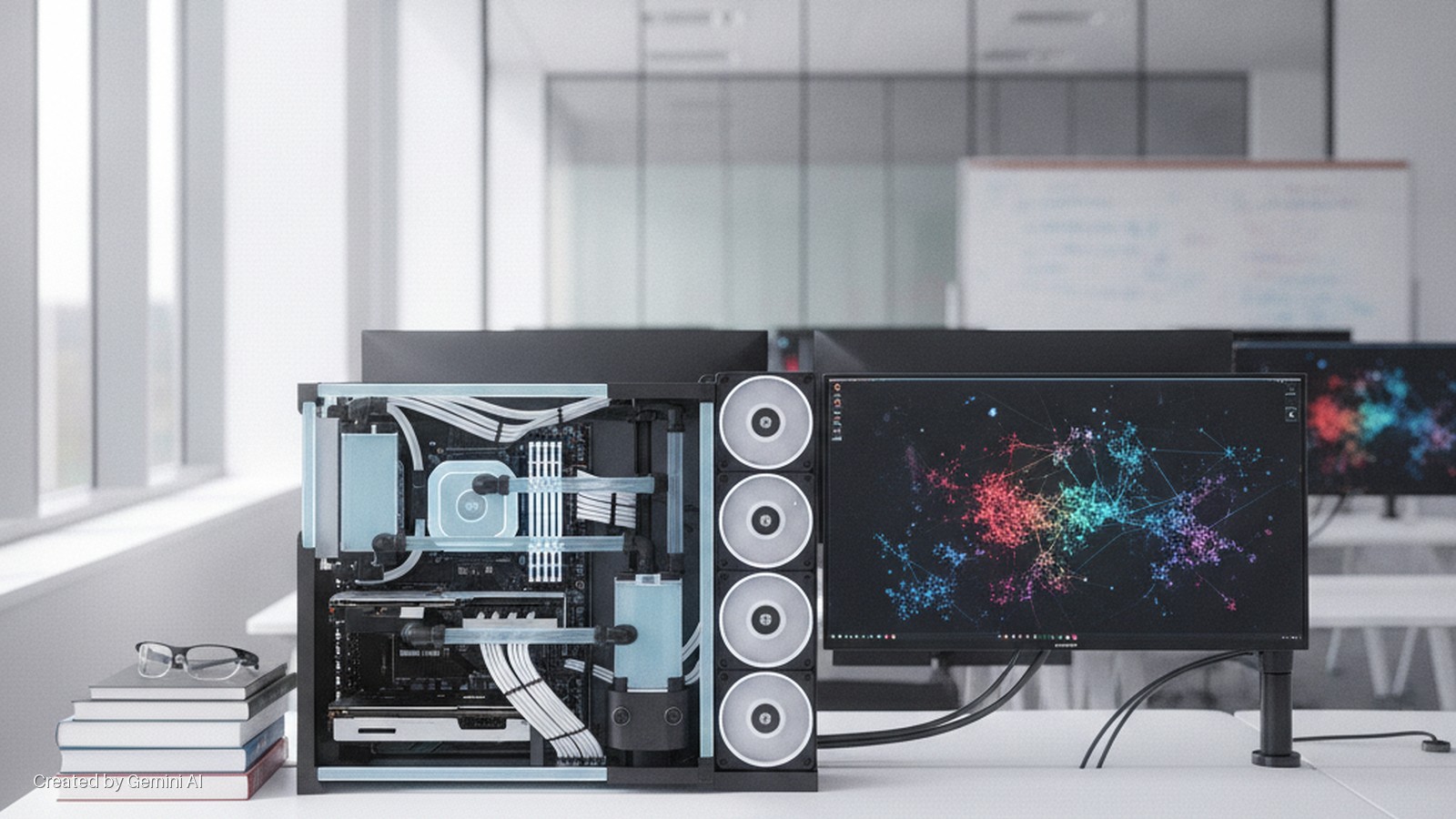 A custom water-cooled PC with light blue coolant and white cables sits on a white office desk next to a stack of books with eyeglasses, and a monitor displaying a colorful network graph, all brightly lit by large windows.