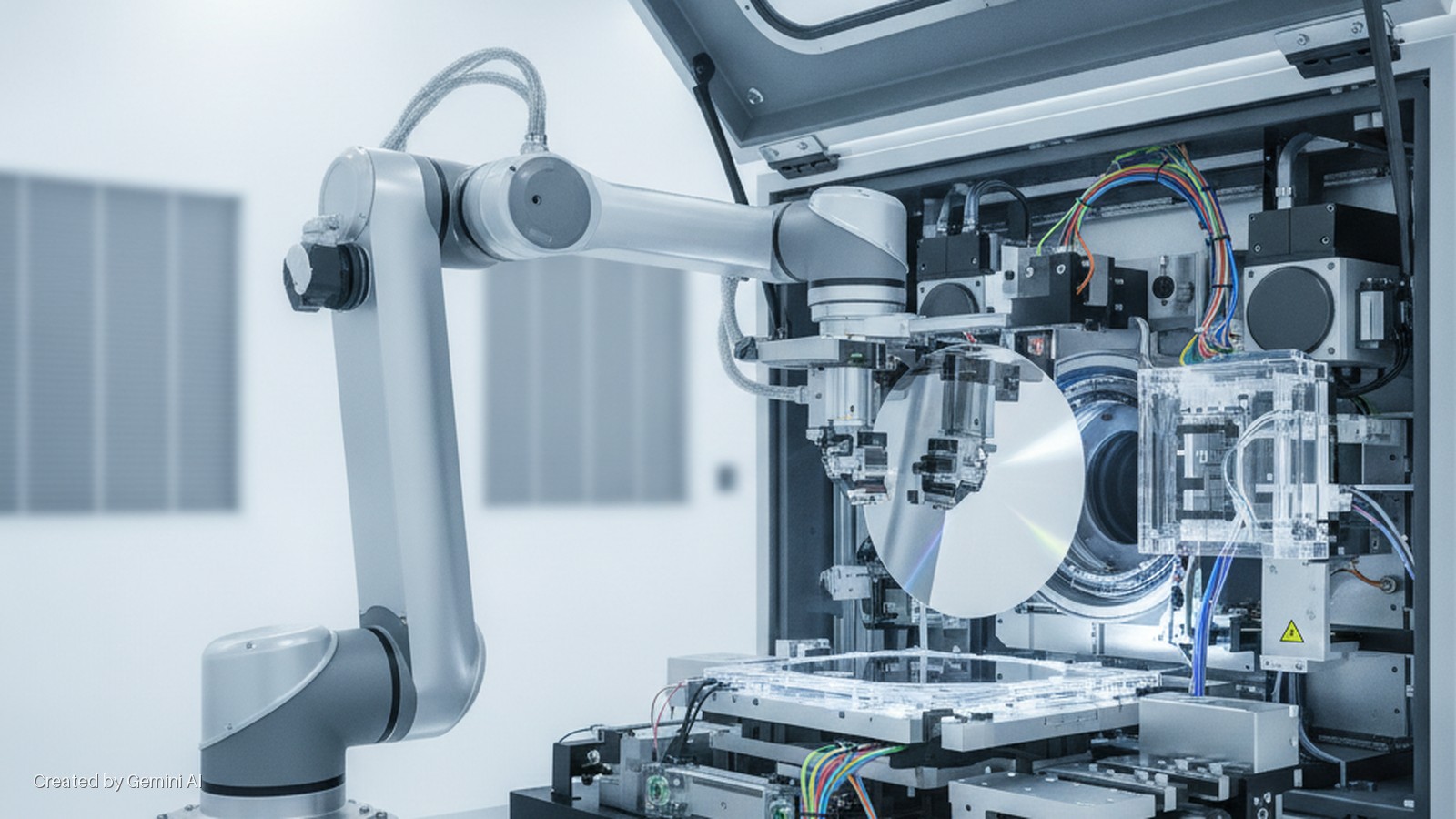 A grey robotic arm precisely places a large semiconductor wafer into intricate machinery with clear plastic casing and visible circuit boards, all brightly lit within a cleanroom environment.