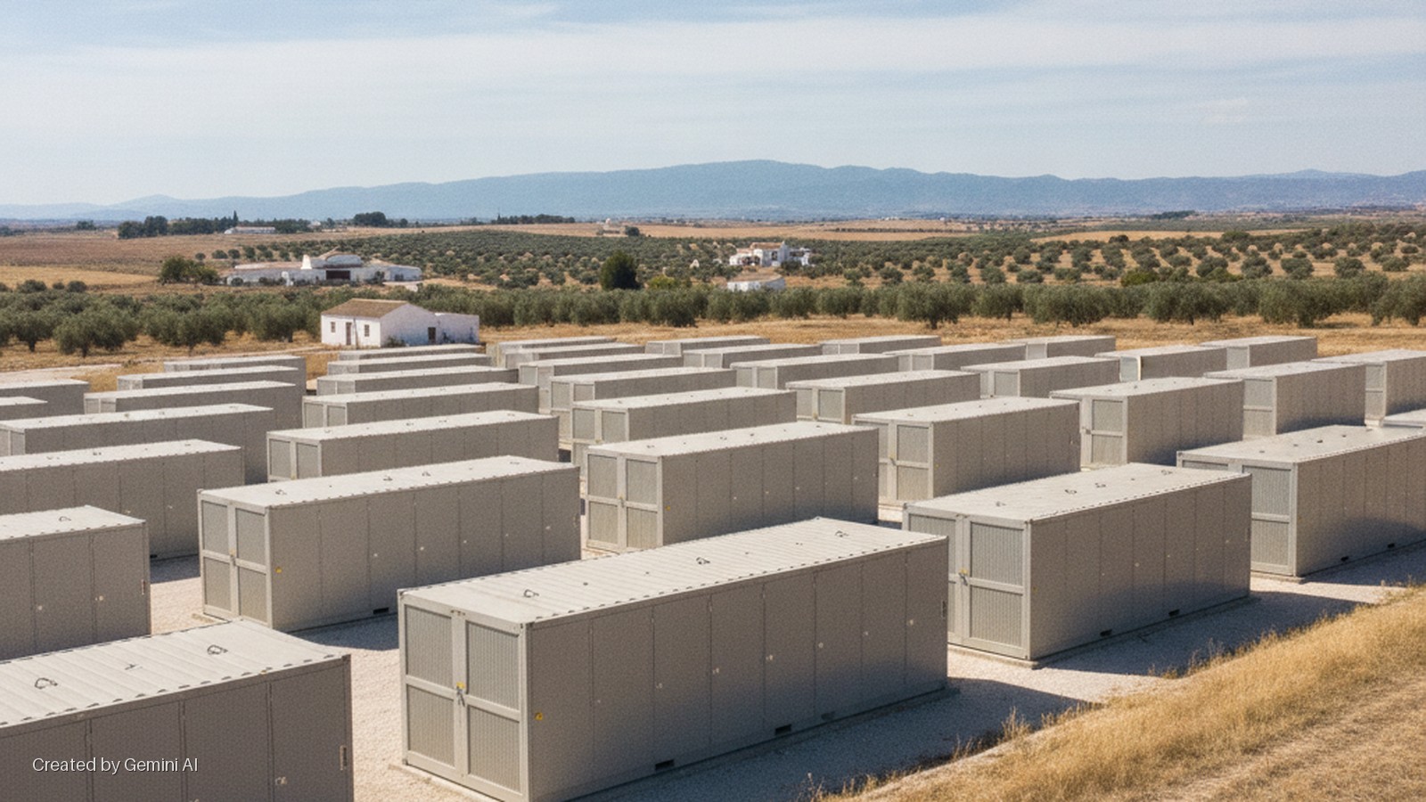 An array of grey battery storage containers sits in a rural landscape featuring olive groves, a white farmhouse, and distant mountains under a clear, bright sky.
