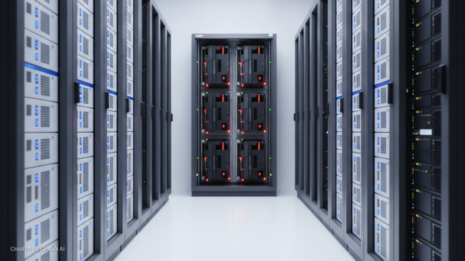 Brightly lit server room with aisles of server racks containing server units displaying blue, red, and green indicator lights.