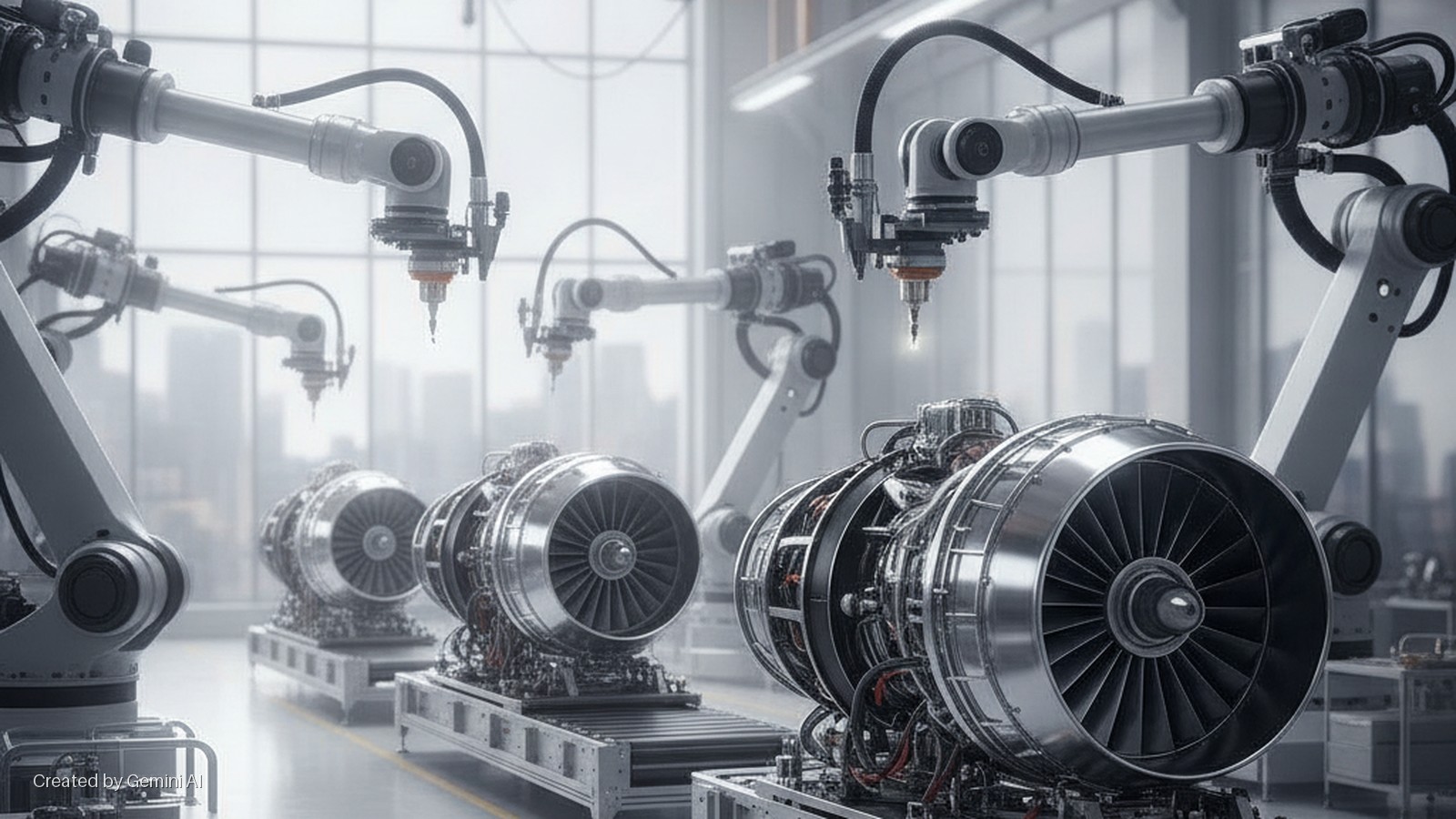 Robotic arms work on multiple jet engines on an assembly line in a brightly lit factory, with a hazy city skyline visible through large windows.