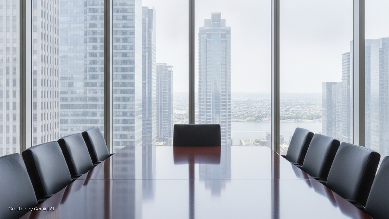 A modern conference room features a long, polished wooden table surrounded by black leather chairs, bathed in natural light from expansive windows offering a high-rise view of a city skyline, numerous skyscrapers, and a body of water.