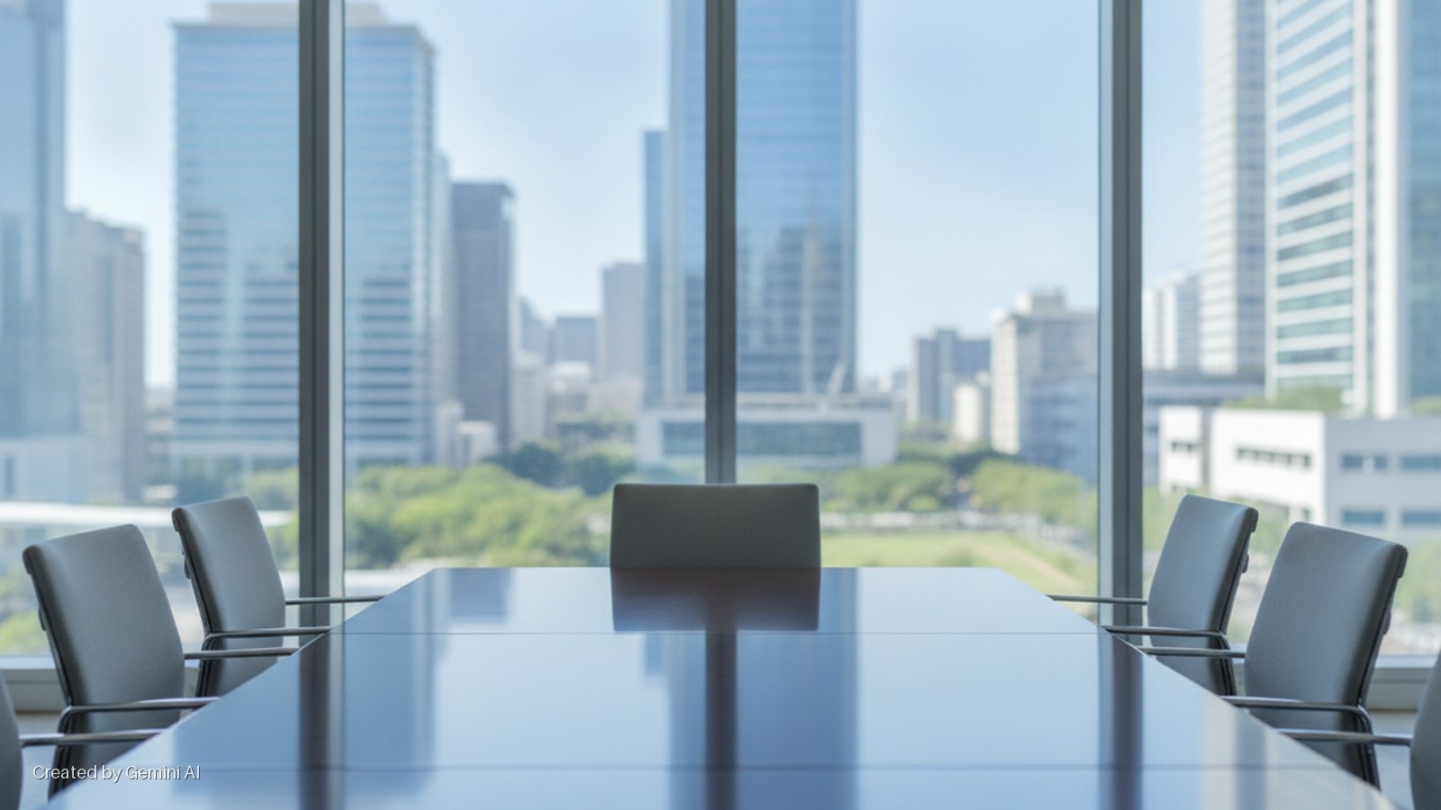 A modern conference room features a long, reflective table and grey chairs, with a bright city skyline visible through large windows under natural daylight.