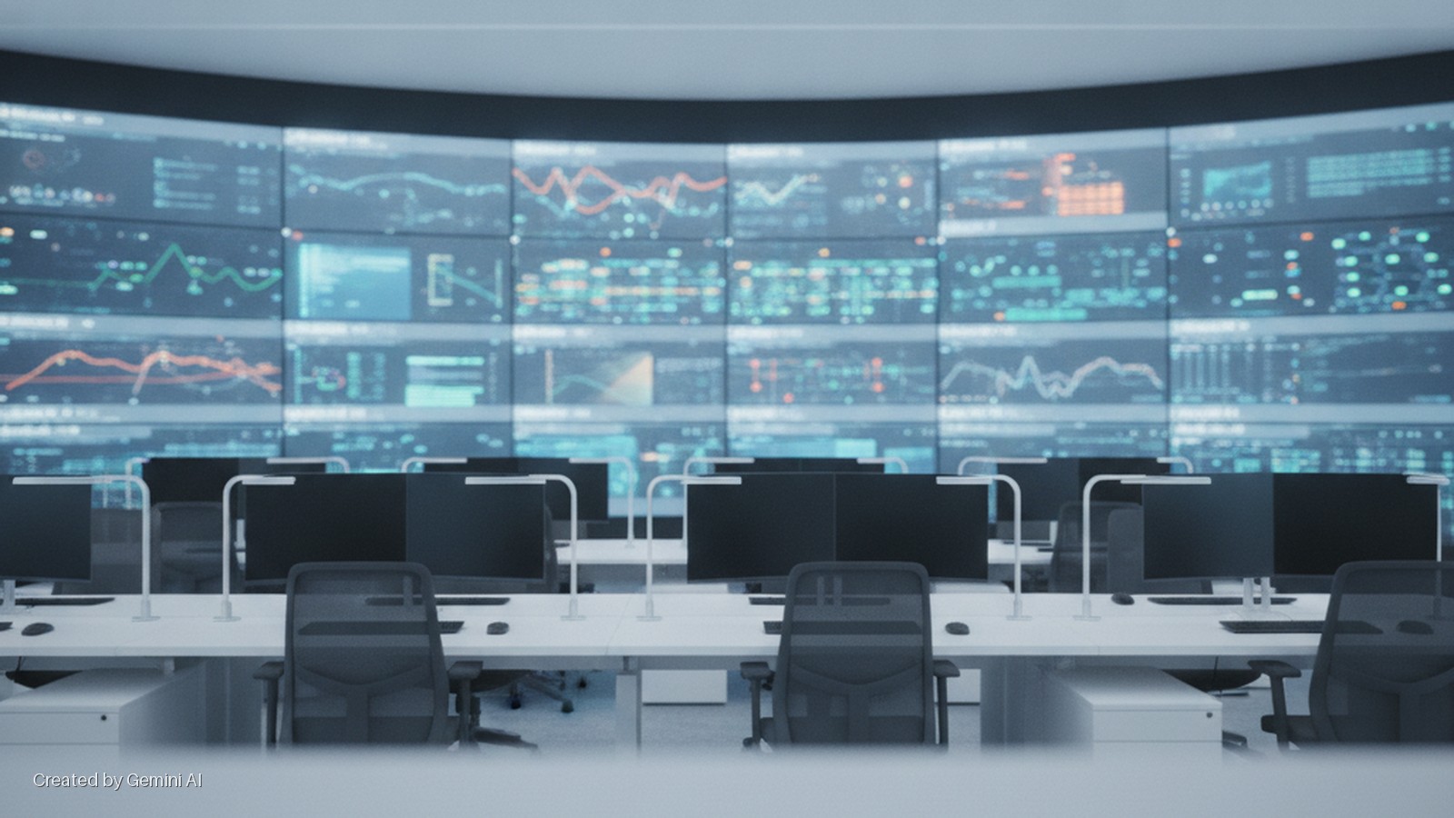 A dimly lit control room features a large, curved wall of glowing data displays above rows of desks with black monitors, white desk lamps, and black office chairs.