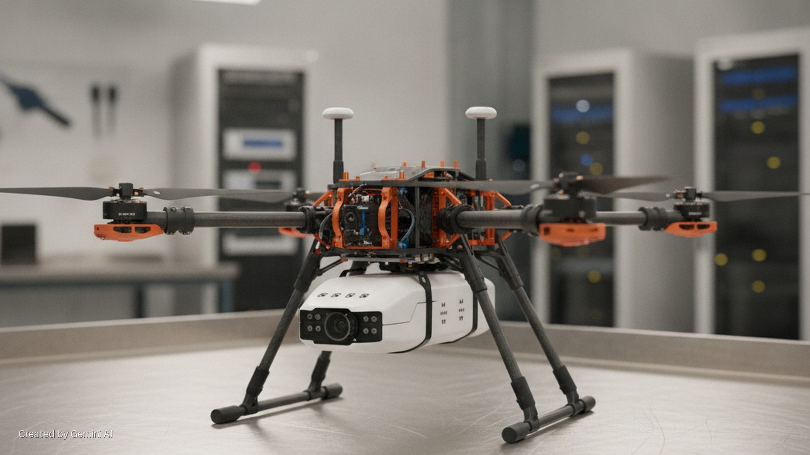 A quadcopter drone with an orange and black frame and a white camera payload rests on a metallic surface in a well-lit indoor laboratory.