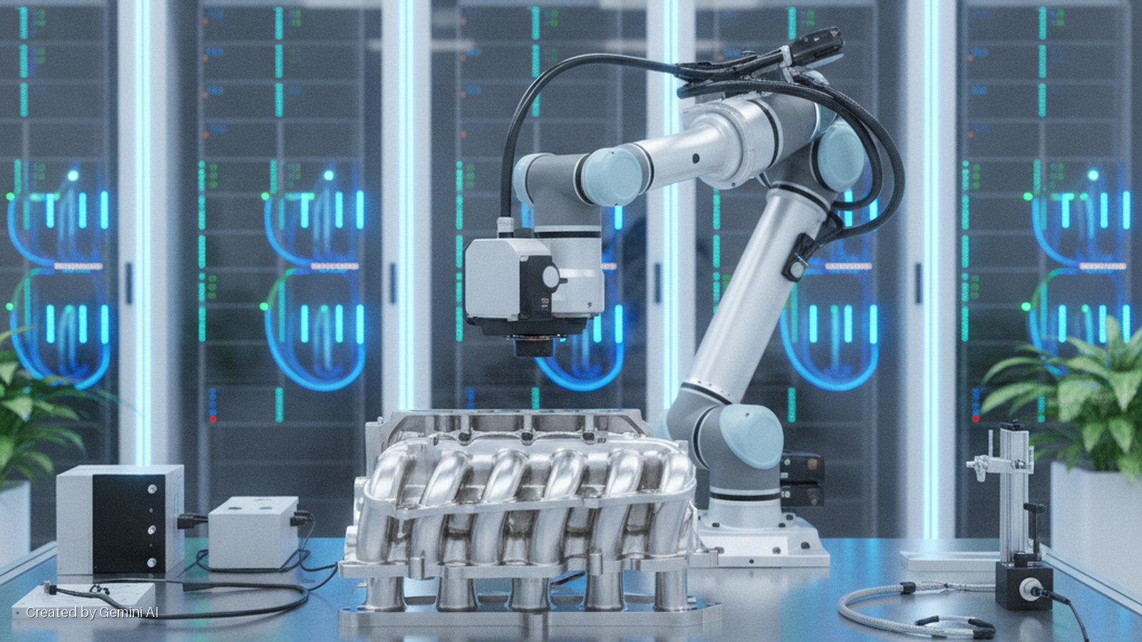 A robotic arm with a mounted camera inspects a polished metal engine intake manifold on a table, with glowing blue and green server racks visible in the brightly lit background.