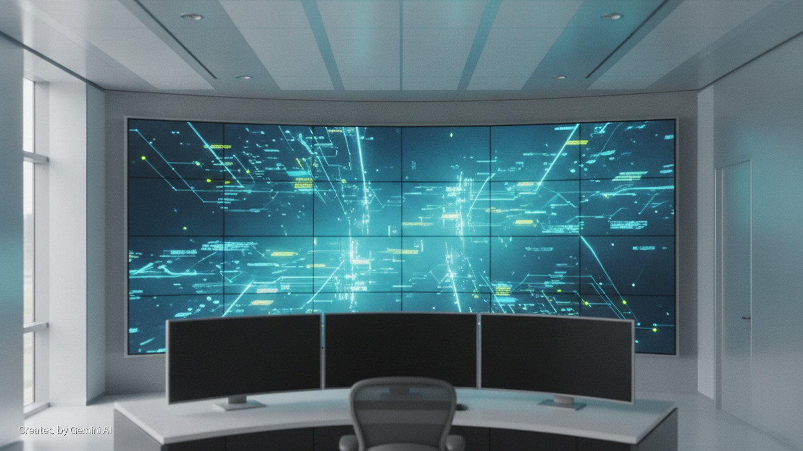 A brightly lit modern control room features a large curved video wall displaying abstract digital information, a curved desk with three monitors, an office chair, a window, and a door.