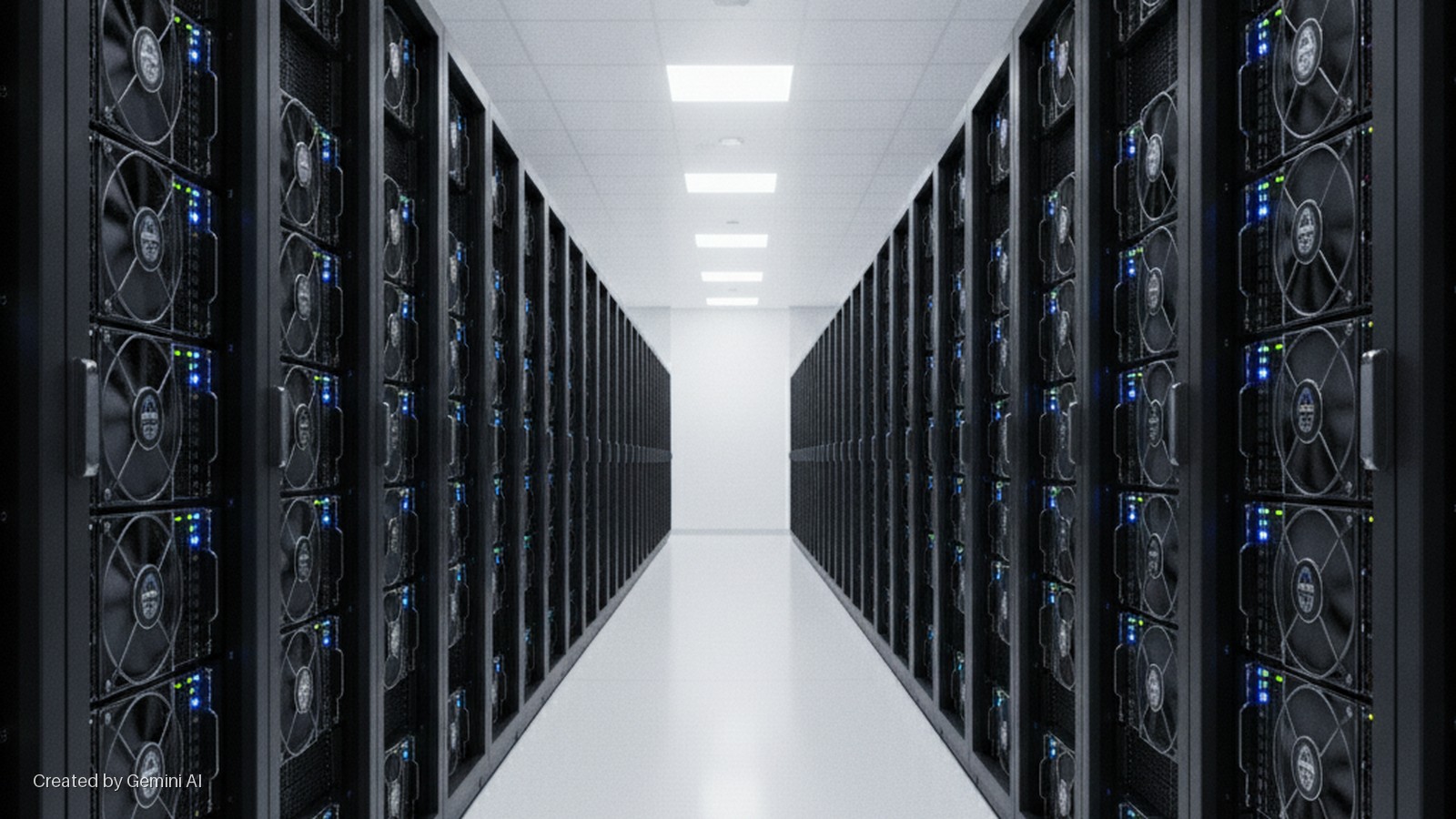 A brightly lit data center corridor with rows of black server racks on both sides, each unit displaying cooling fans and active blue and green indicator lights.