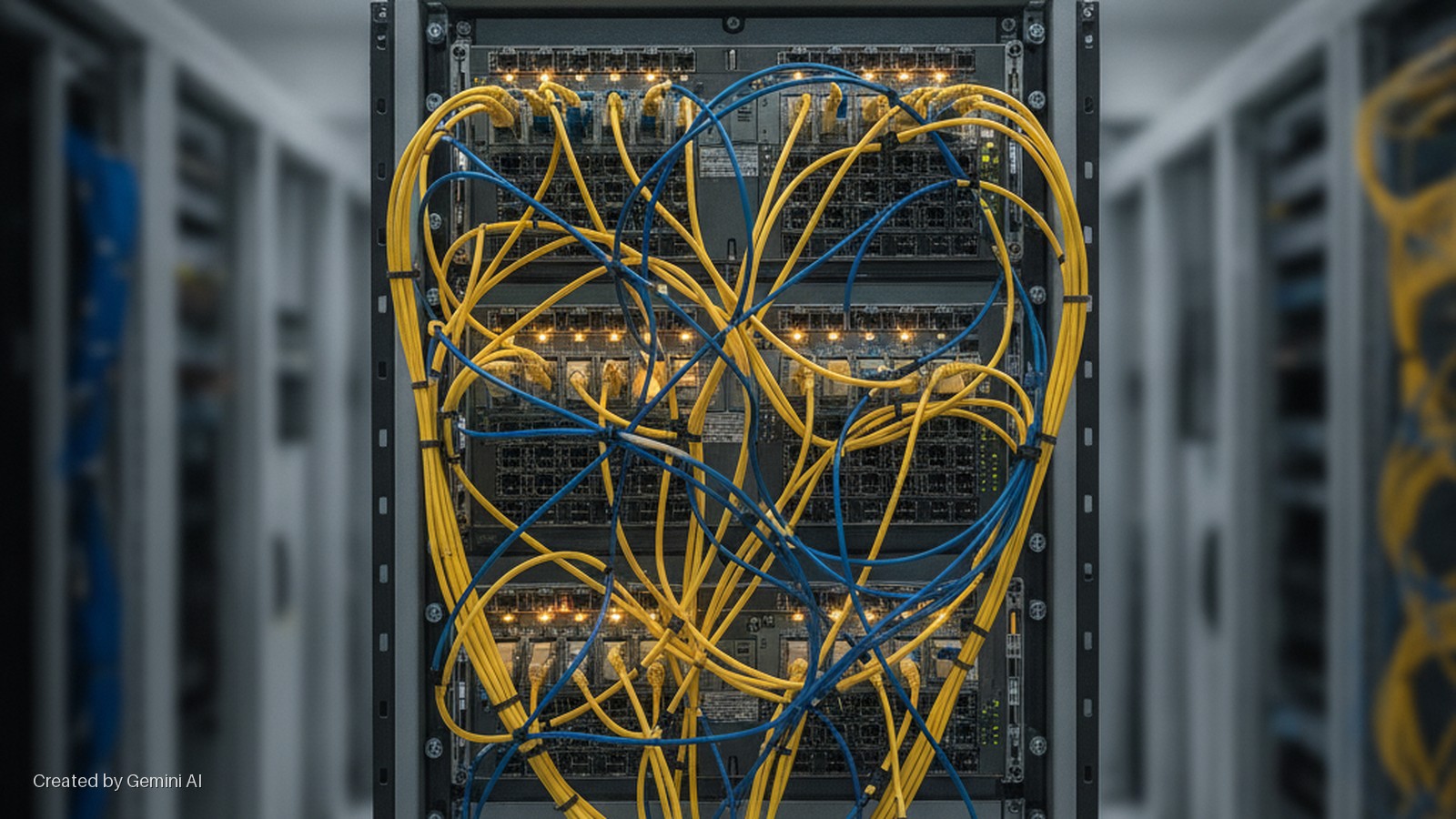 Yellow and blue network cables are chaotically interconnected across multiple switches in a brightly lit server rack within a data center.