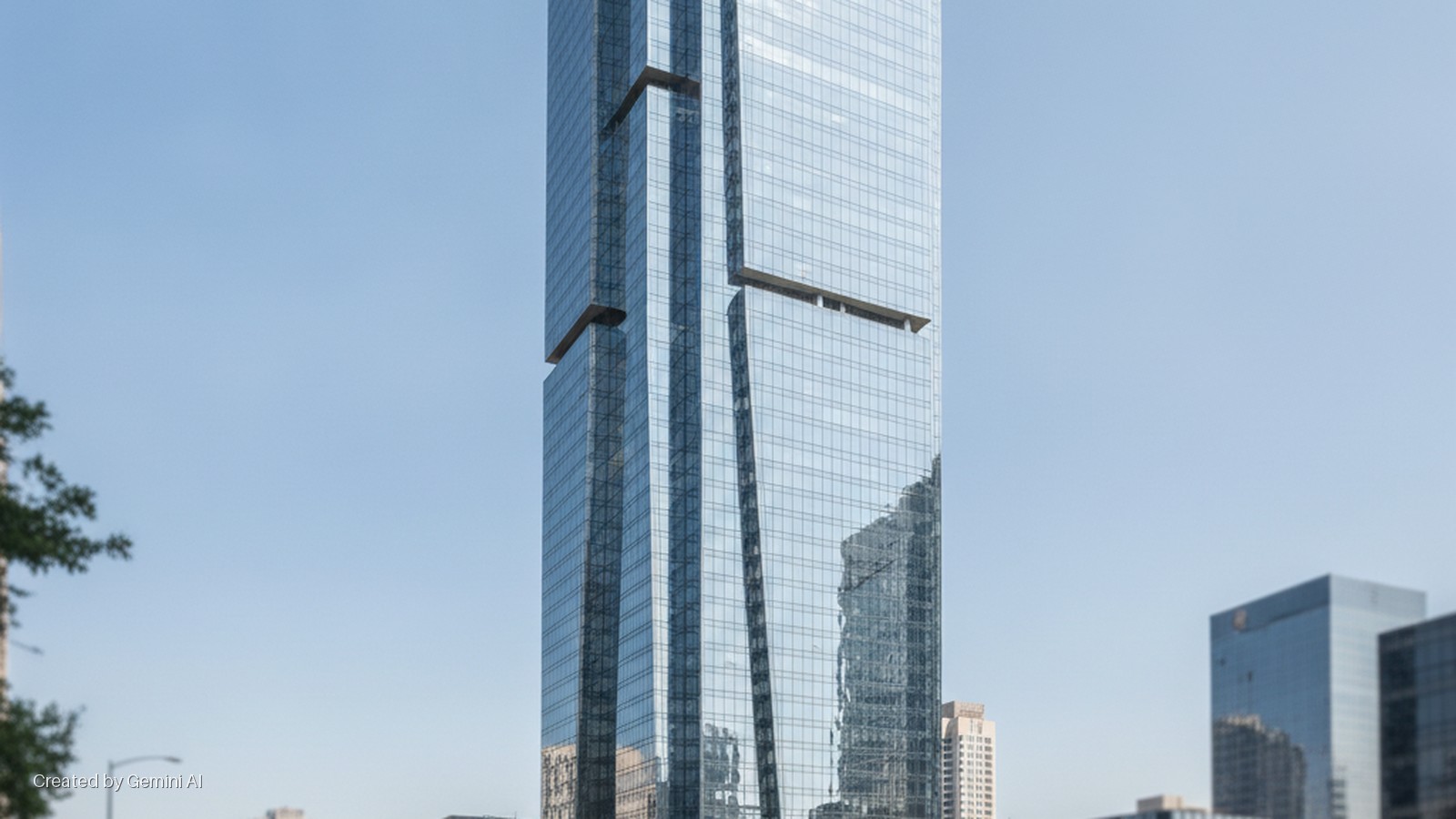 A towering glass skyscraper with dark, recessed horizontal bands reflects the clear blue sky and other city buildings under bright daylight.