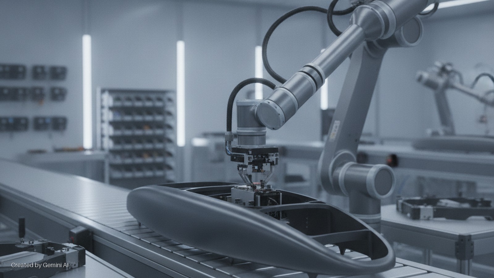 A robotic arm precisely installs components into an open, aerodynamic casing on a conveyor belt in a brightly lit, automated factory setting with other machinery and shelving visible in the background.