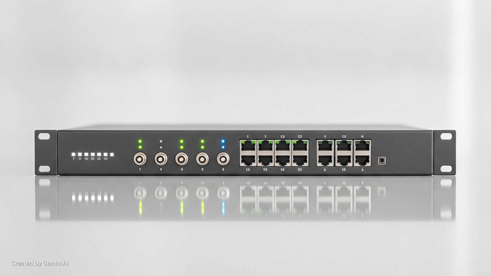 A dark grey rack-mountable network device featuring a row of white status lights, six labeled BNC connectors with active green and blue LEDs, eight RJ45 Ethernet ports with green link lights, and a USB port, resting on a reflective light gr