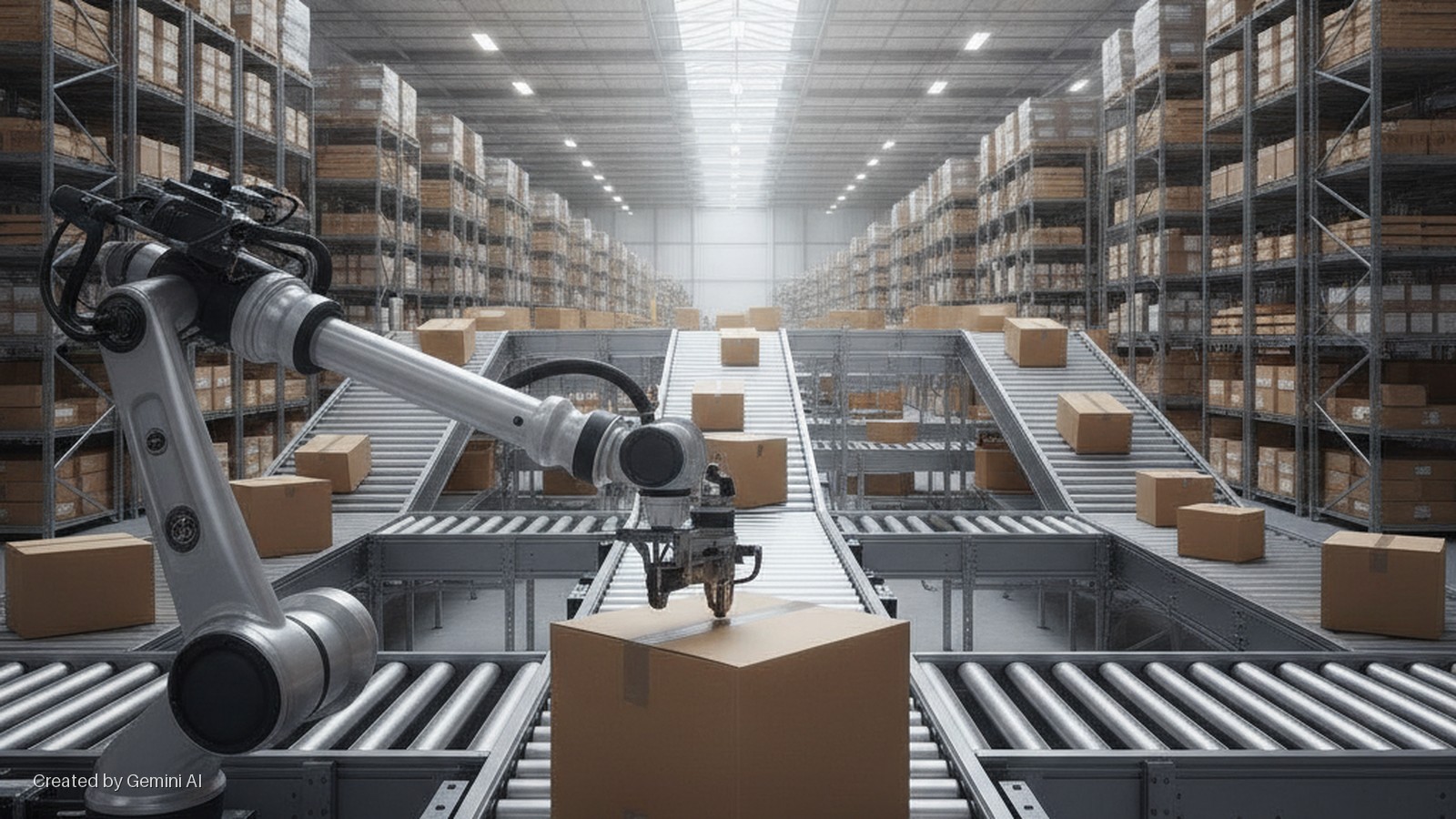 A robotic arm labels a cardboard box on a conveyor system in a brightly lit automated warehouse, with towering shelves packed with numerous cardboard boxes extending into the distance.