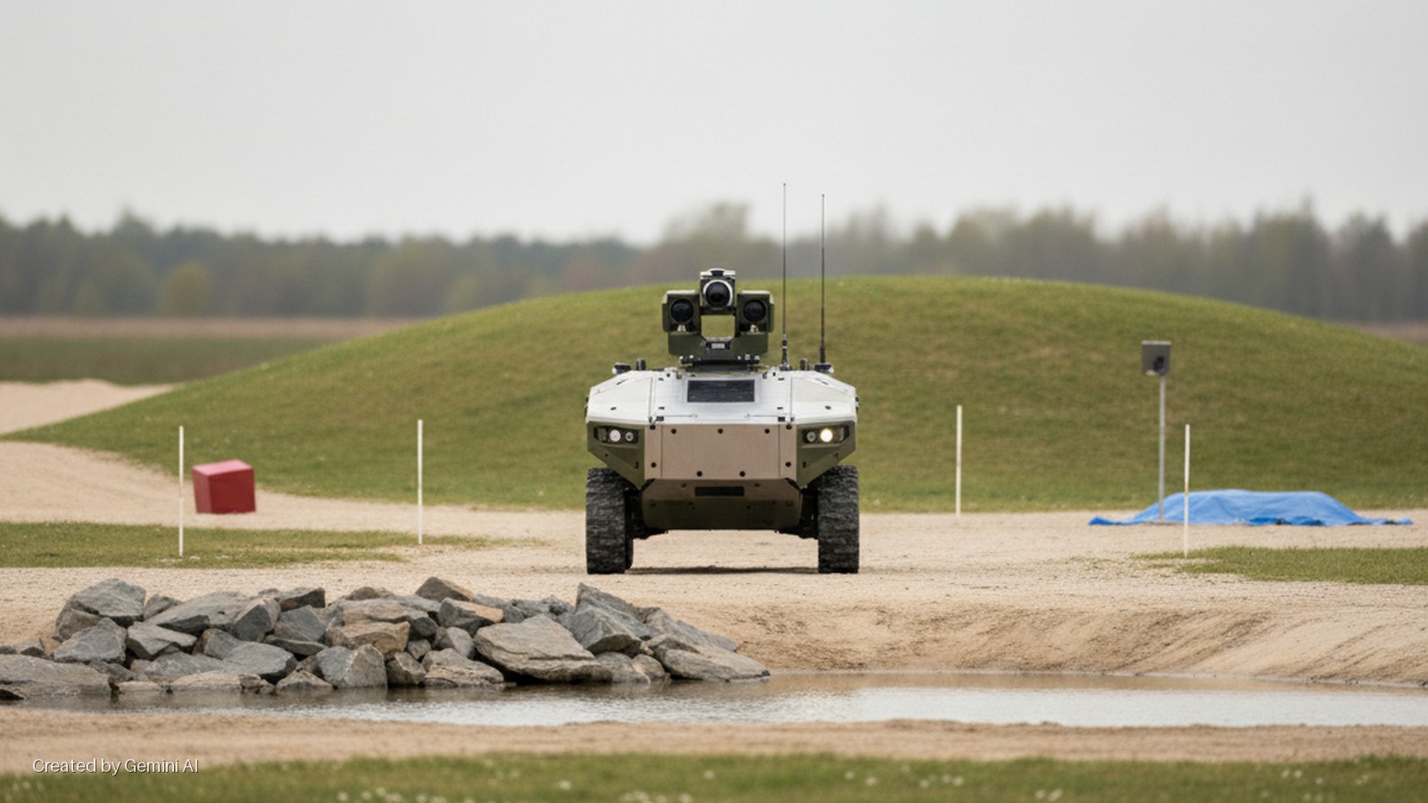 A military-style unmanned ground vehicle with a central sensor turret stands on a dirt and grass testing ground with a pile of rocks and a small puddle in the foreground, and a red cube, blue tarp, marker poles, grassy hills, and distant tr
