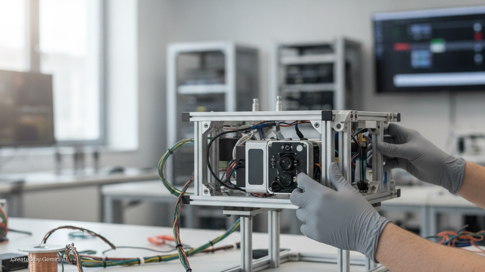 Gloved hands adjust a multi-lens sensor system mounted in an aluminum frame, surrounded by wires on a white lab desk, with computer screens and equipment shelves in a brightly lit room.