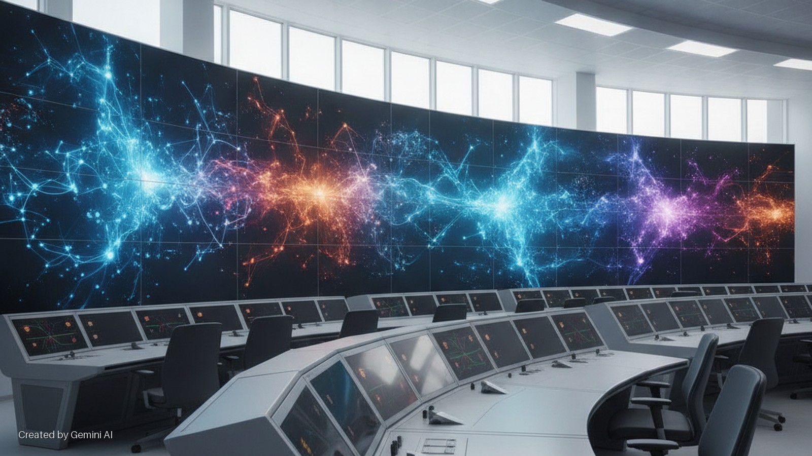 A brightly lit control room features a large curved video wall displaying abstract glowing blue, orange, and purple network patterns, positioned above multiple rows of computer consoles with individual screens, beneath overhead ceiling ligh