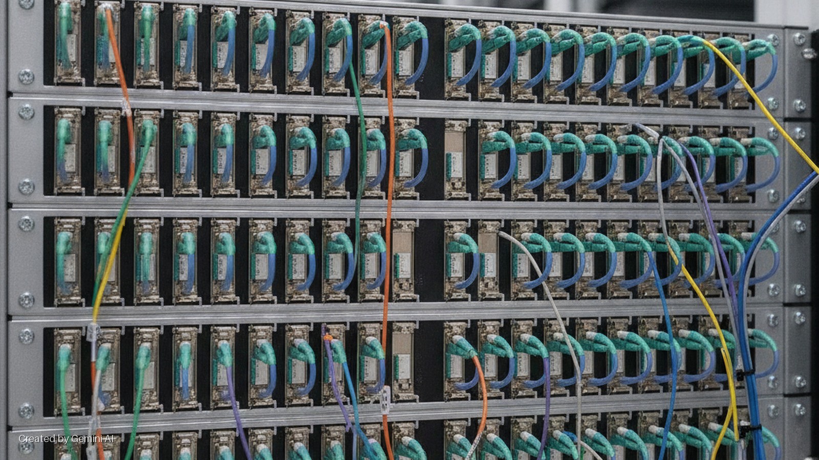 Several rows of networking transceivers mounted in a silver server rack, predominantly connected by looped green and blue fiber optic cables, with orange, yellow, purple, and white fiber optic cables also running vertically across the front