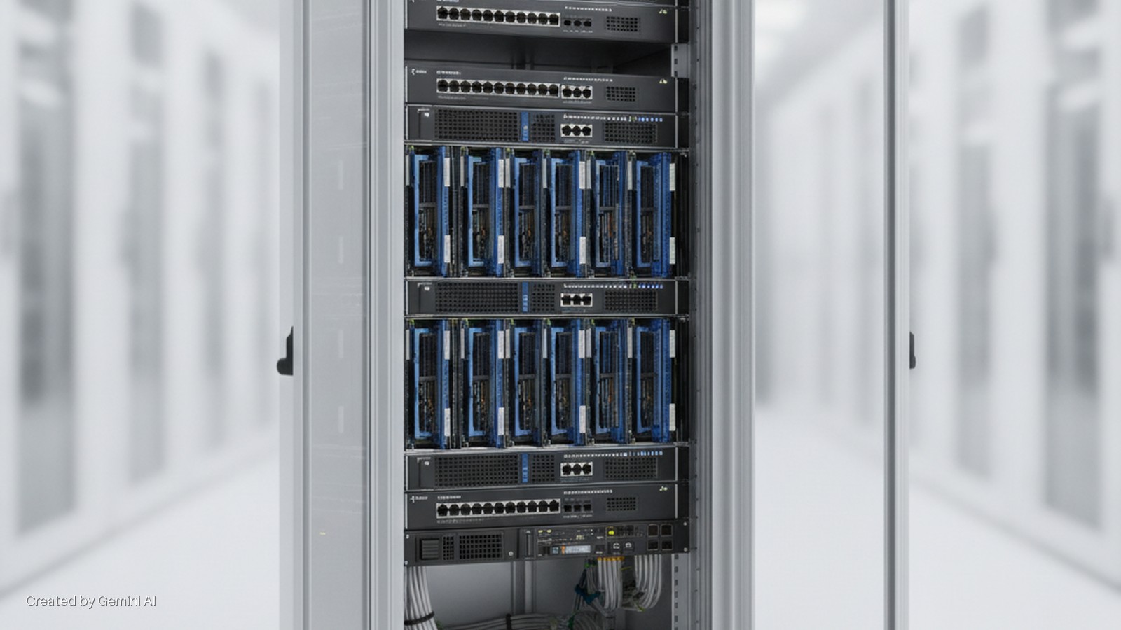 A grey server rack filled with black network switches and two prominent sections of blue blade server modules stands in a brightly lit data center hallway.