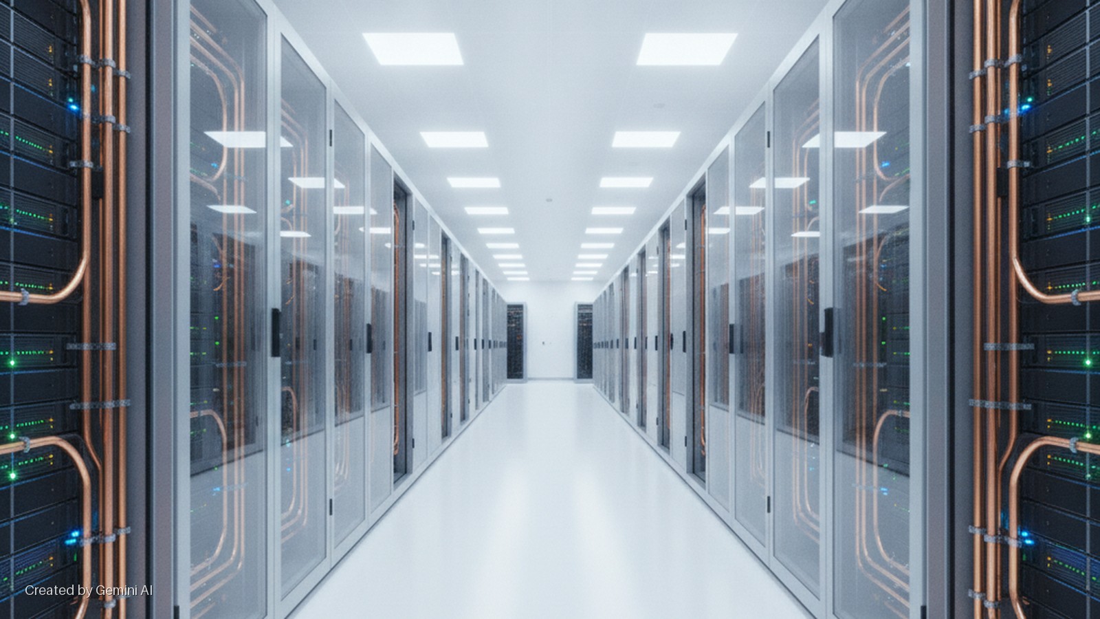 Brightly lit data center corridor with symmetrical rows of server racks featuring copper piping, numerous green and blue indicator lights, and square white ceiling lights.