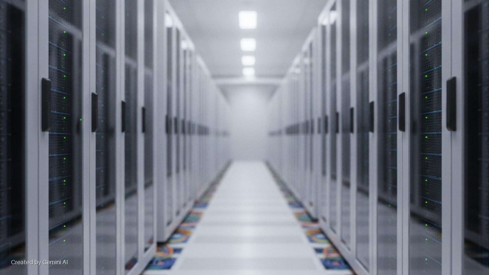 A long, brightly lit aisle in a data center is lined with rows of white server racks displaying green indicator lights on both sides, with colorful patterned floor tiles at the base of the racks.