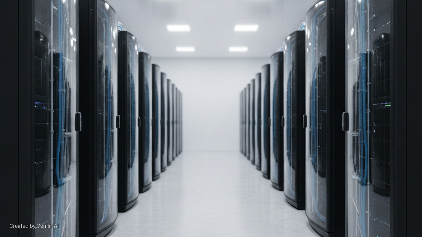 A brightly lit data center aisle is lined with black server racks featuring clear doors revealing blue cables and glowing indicators, illuminated by square ceiling lights.