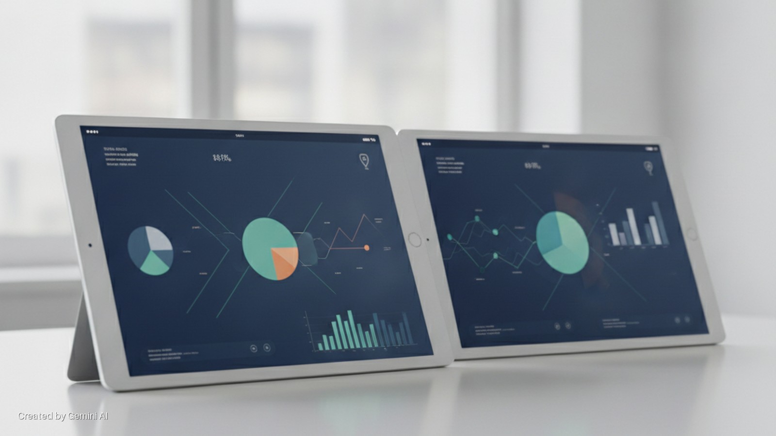 Two white tablets displaying data visualizations with charts and graphs are placed on a white table in a brightly lit indoor setting.