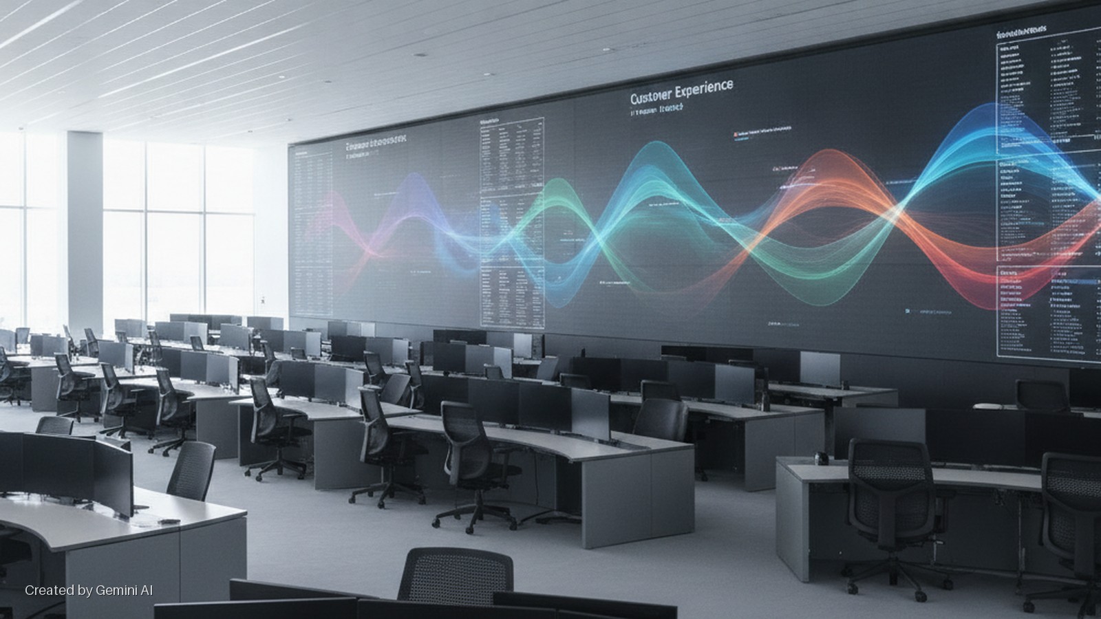 A modern, brightly lit control room with rows of empty desks, multiple computer monitors, and a large video wall displaying colorful data visualizations and text.
