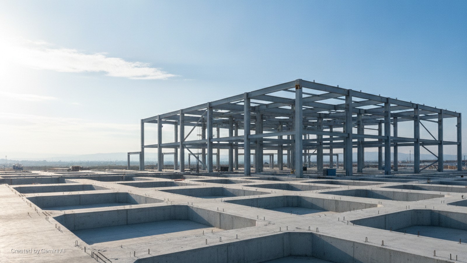 A steel building frame rises from a vast concrete foundation featuring a grid of recessed rectangular sections on a sunny construction site under a blue sky.