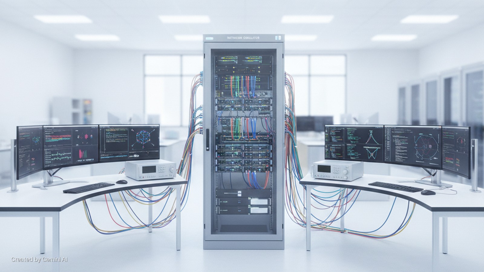 A brightly lit, modern network lab features a central server rack labeled "NETWORK SIMULATOR" connected by numerous colorful cables to two curved desks, each with three monitors displaying network data, a keyboard, mouse, and a measurement 