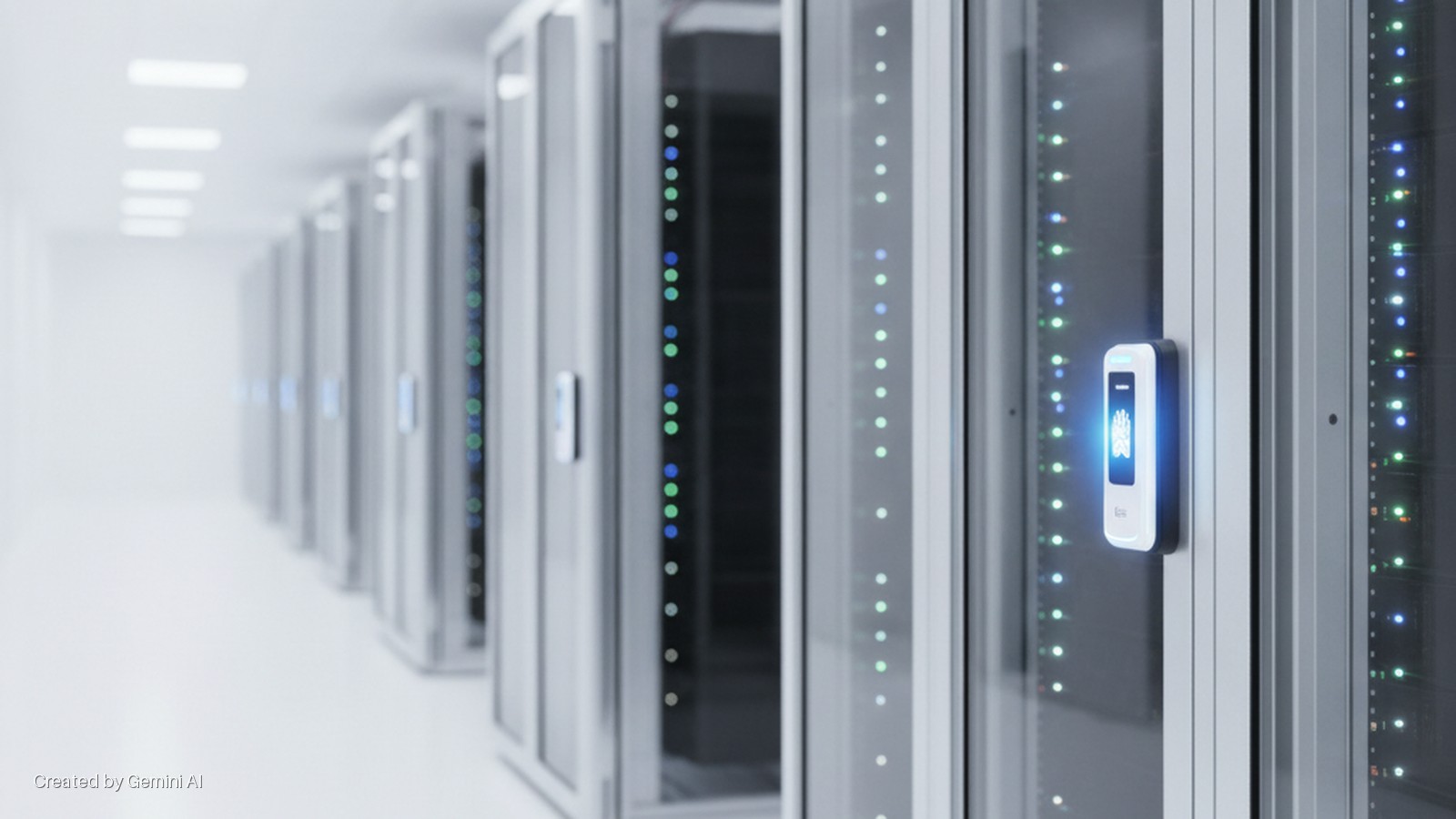 A brightly lit data center aisle features rows of server racks with blinking blue and green LEDs, and a glowing biometric access control device on a rack in the foreground.