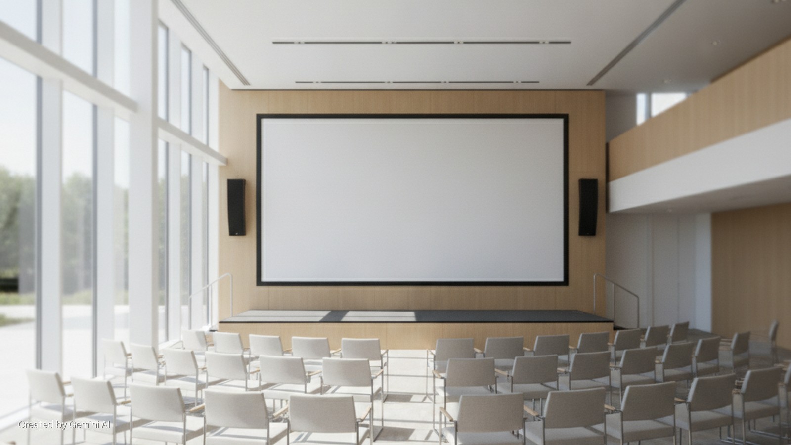 A brightly lit modern auditorium features a large blank screen centered on a wooden wall above a stage, flanked by speakers, with rows of empty white chairs, tall windows on the left, and a balcony on the right.