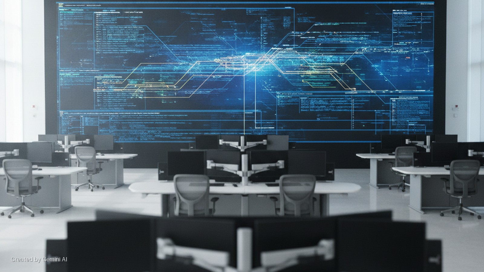 An empty, brightly lit modern IT control room features rows of desks with multiple computer monitors facing a large digital wall display showing glowing blue code and network connections.