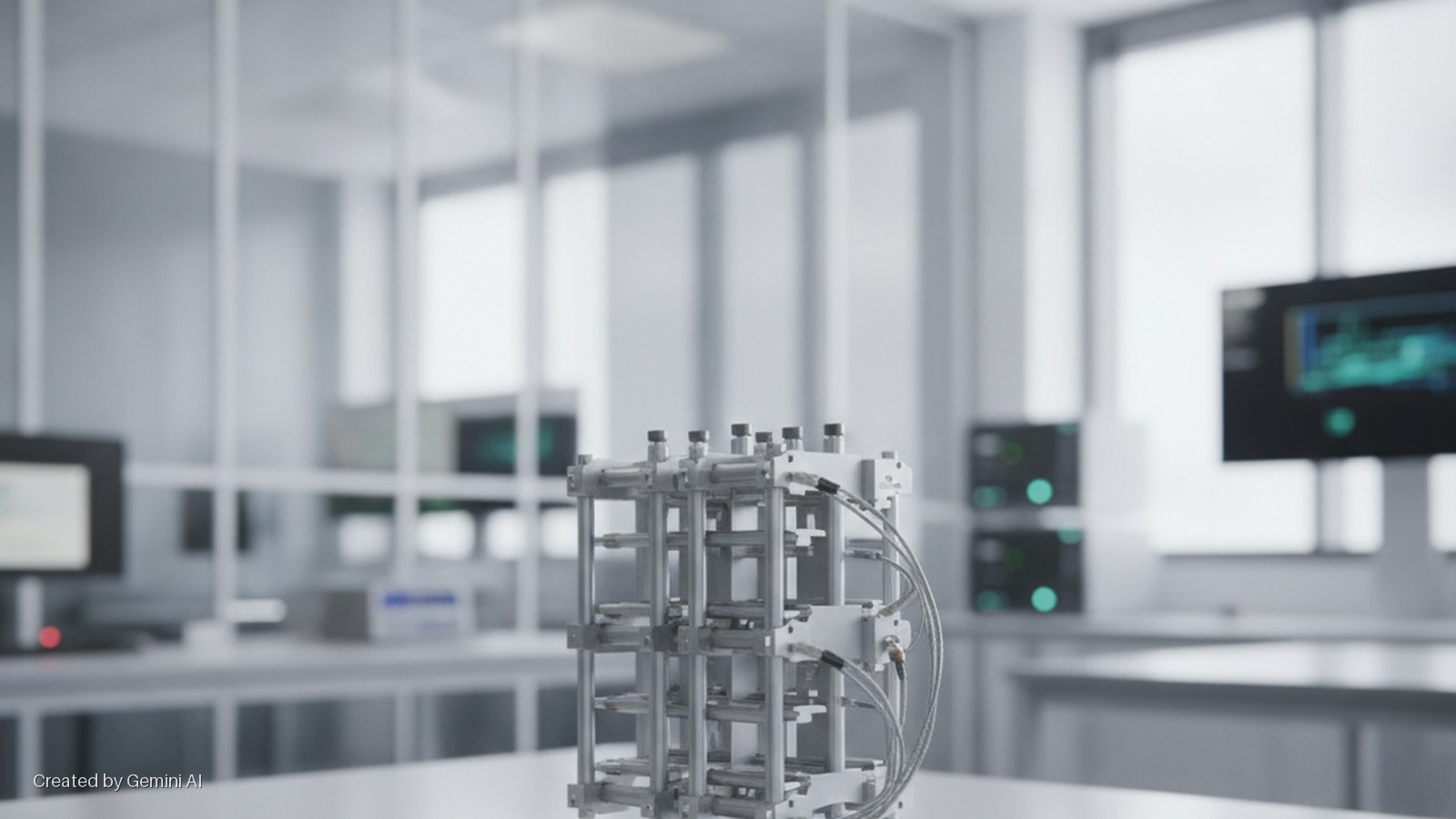 A brightly lit, modular scientific apparatus with numerous tubes and cables rests on a white table in a modern laboratory with blurred computer monitors and equipment in the background.