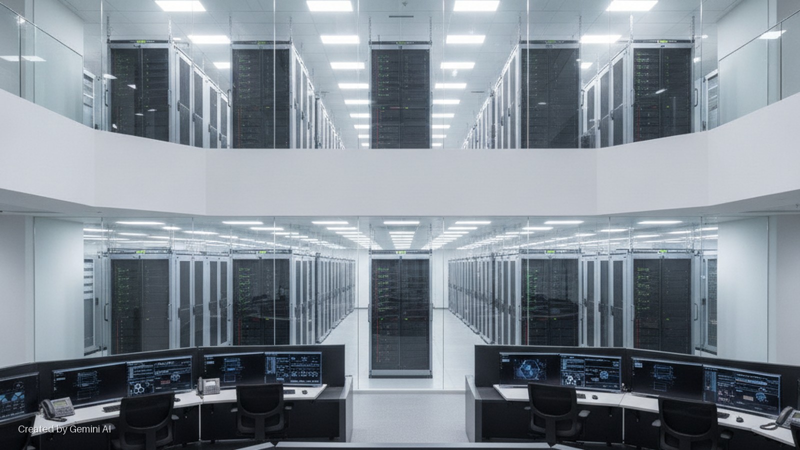A bright two-story data center with rows of server racks visible through glass walls, overlooked by a control room featuring multiple desks with computer monitors and telephones.